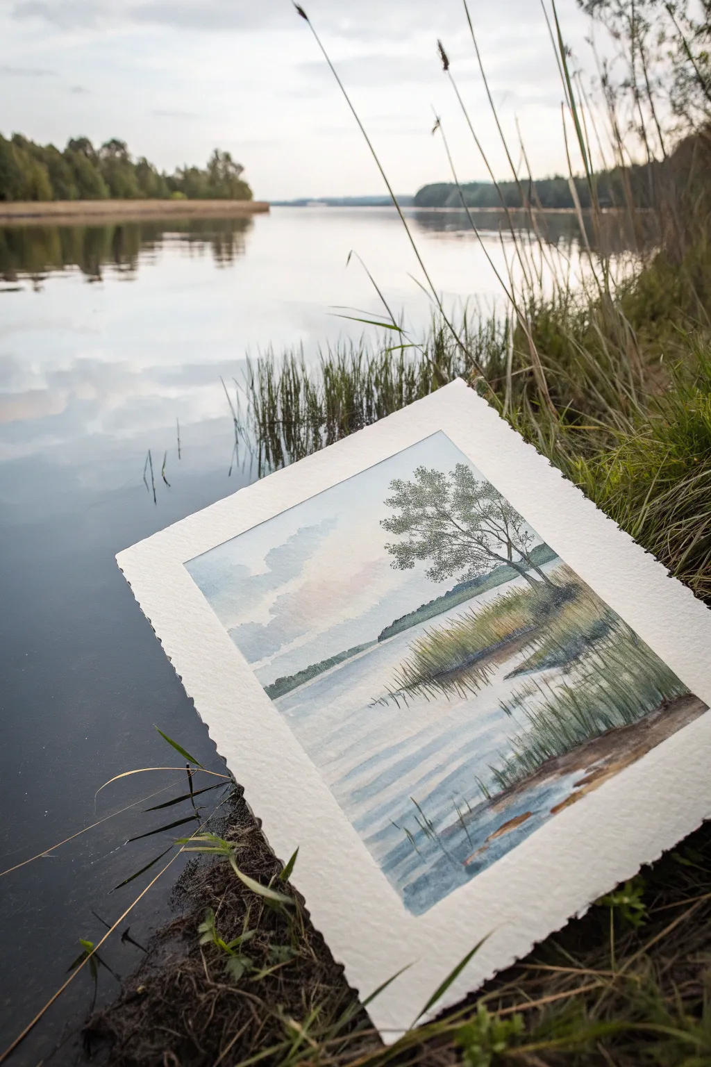 Watercolor inspiration: calm pond reflections with subtle ripples in a minimalist Scandinavian style