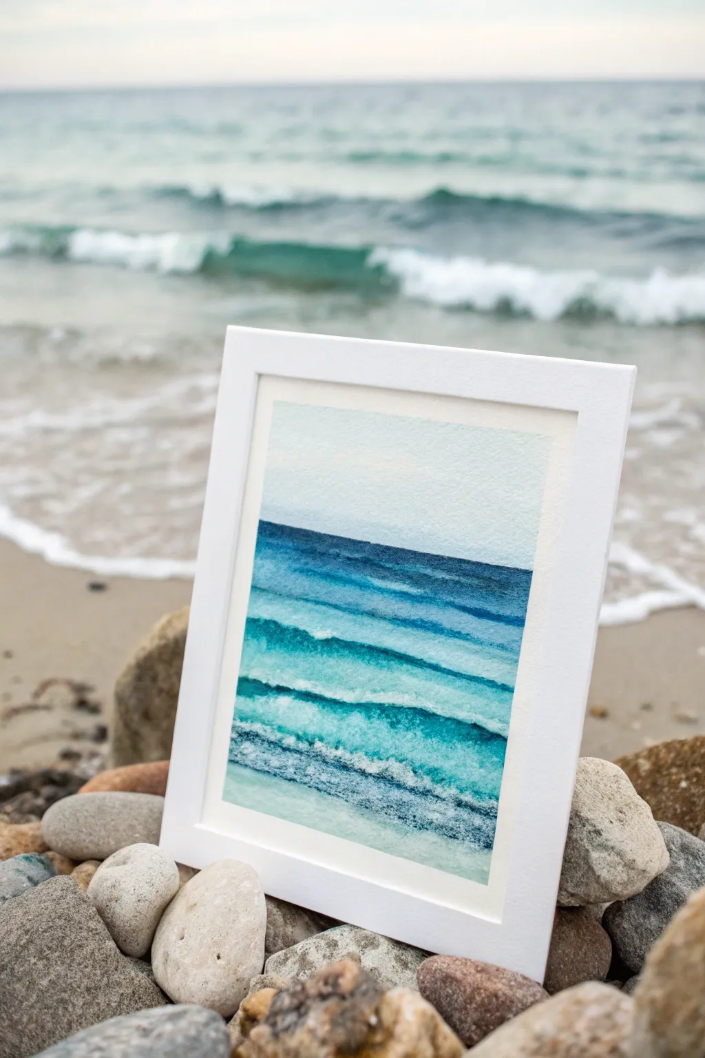 Layered seaside blues and crisp seafoam highlights for a calm, minimalist watercolor mood.