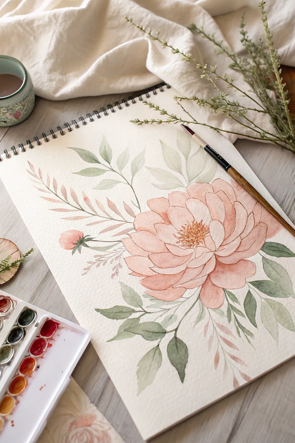 Single blossom watercolor study with glazed petal shadows and faint pencil lines, clean and calm