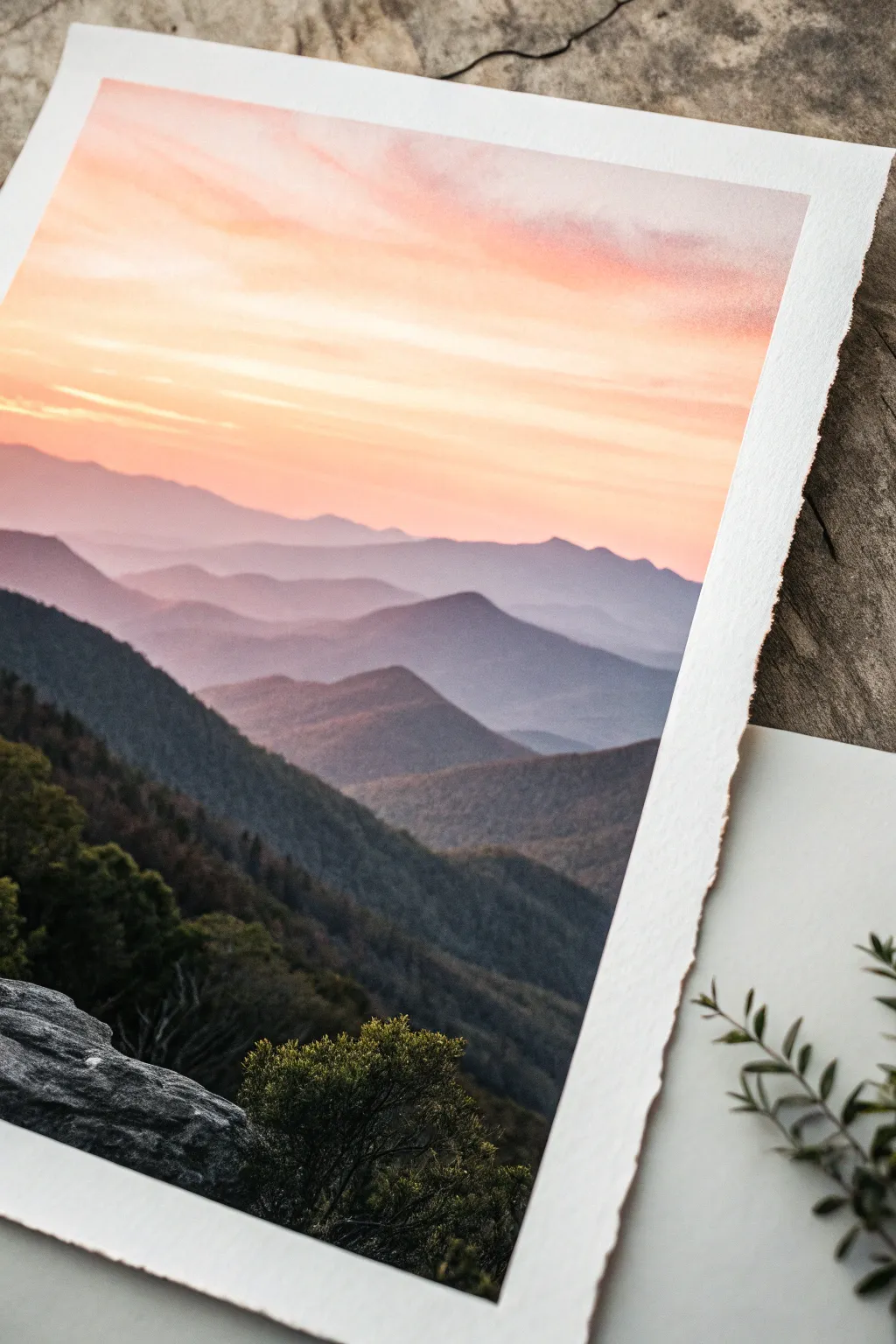 Layered mountain ridge sunset in watercolor with a smooth gradient sky and crisp dark silhouettes