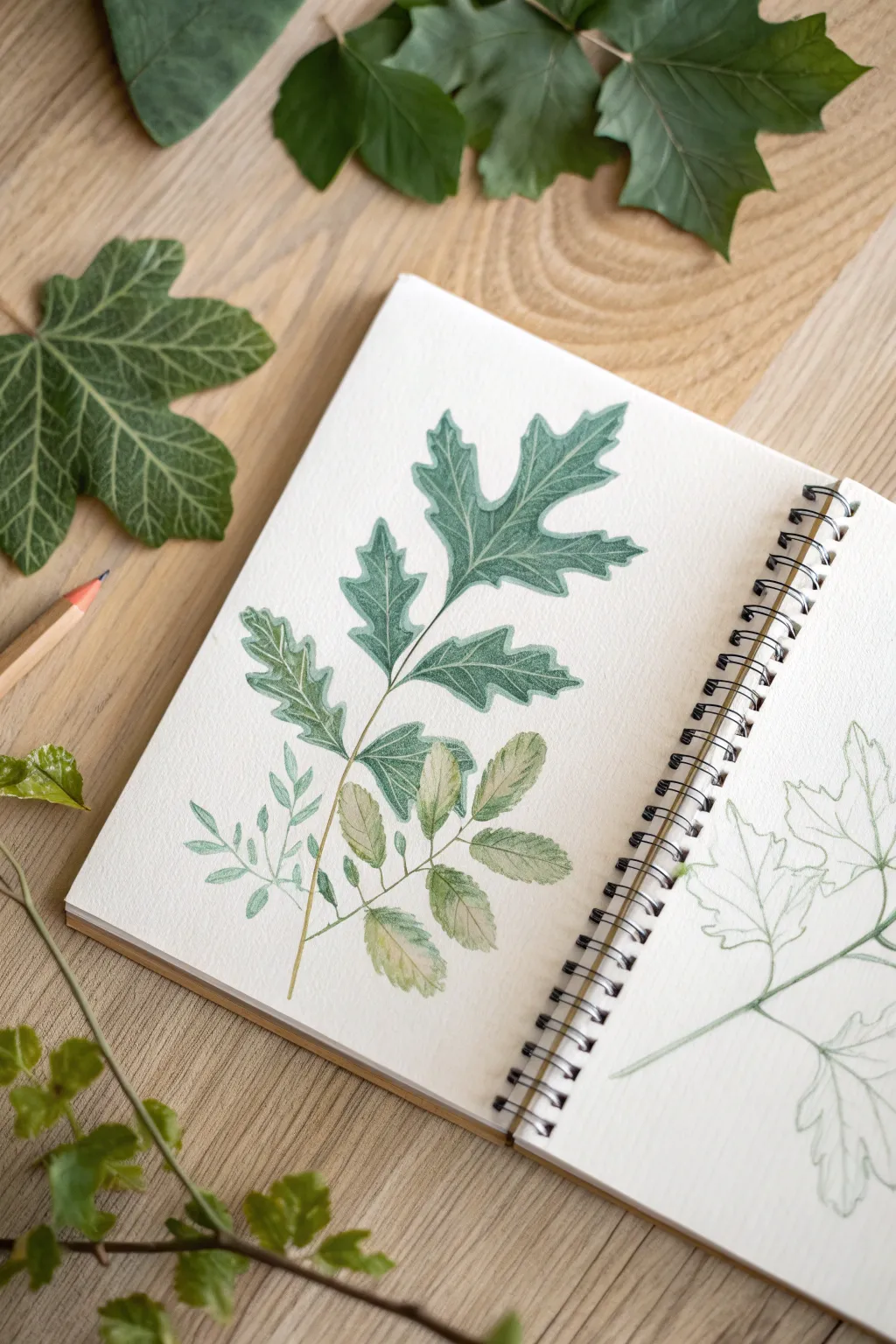 Leaf shading practice: loose scribble strokes in layered greens with broken watercolor pencil texture