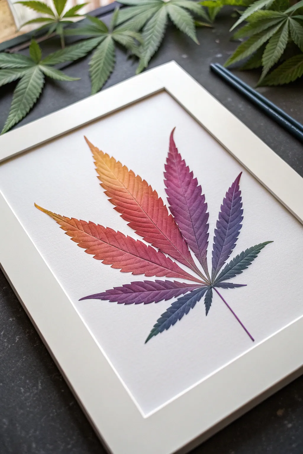 Minimal cannabis leaf silhouette with a smooth rainbow gradient on deep charcoal for bold contrast.