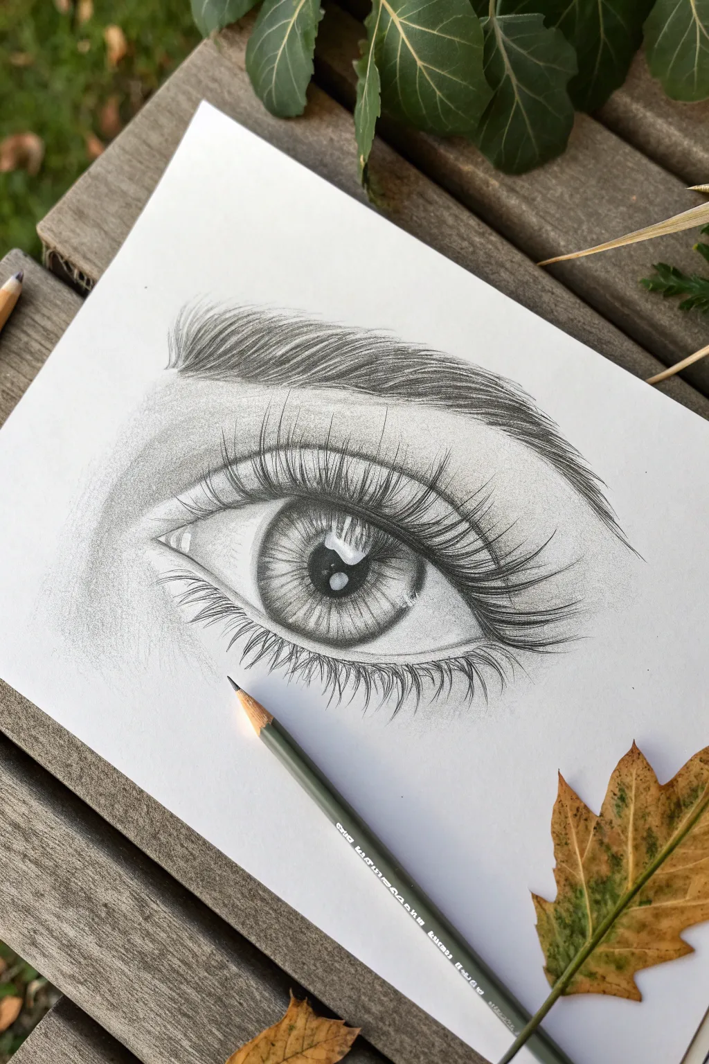 Practice realism with a crisp eye sketch, smooth shading, and a tiny scene reflected inside.