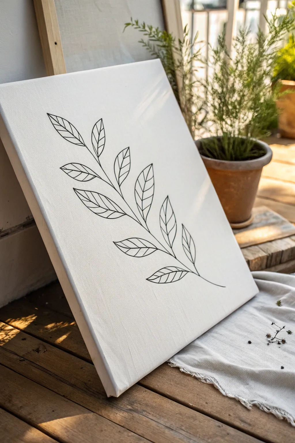 Minimal black line leaf on a white canvas, off center for calm Scandinavian negative space.