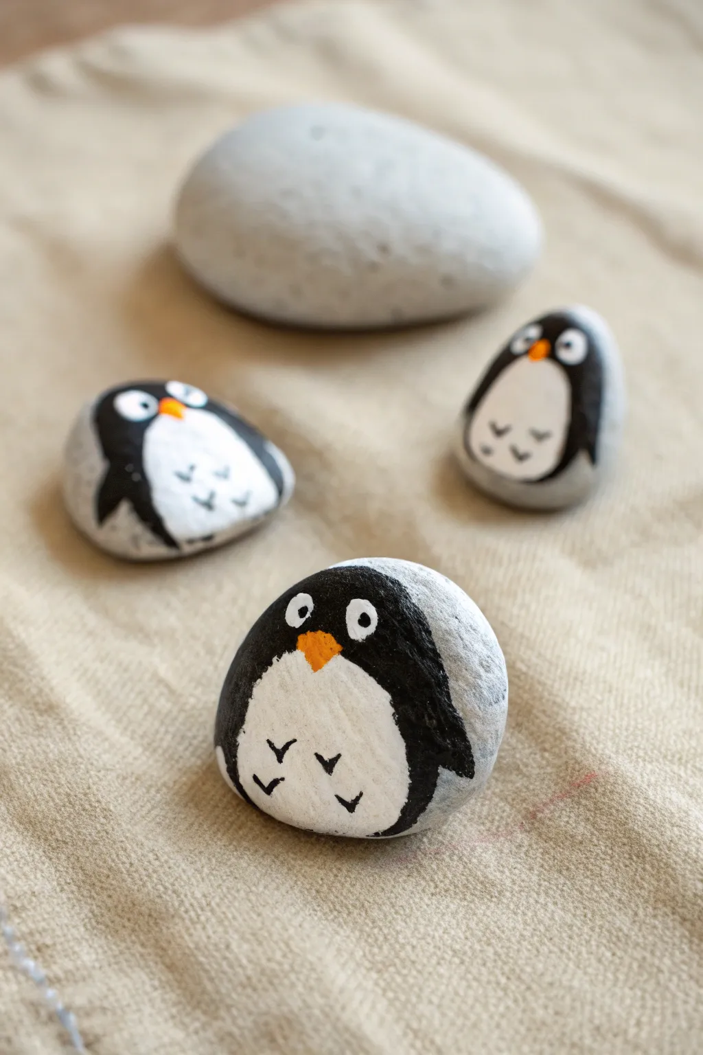 Sweet penguin rock trio with built-in white belly, minimal boho styling, easy to recreate