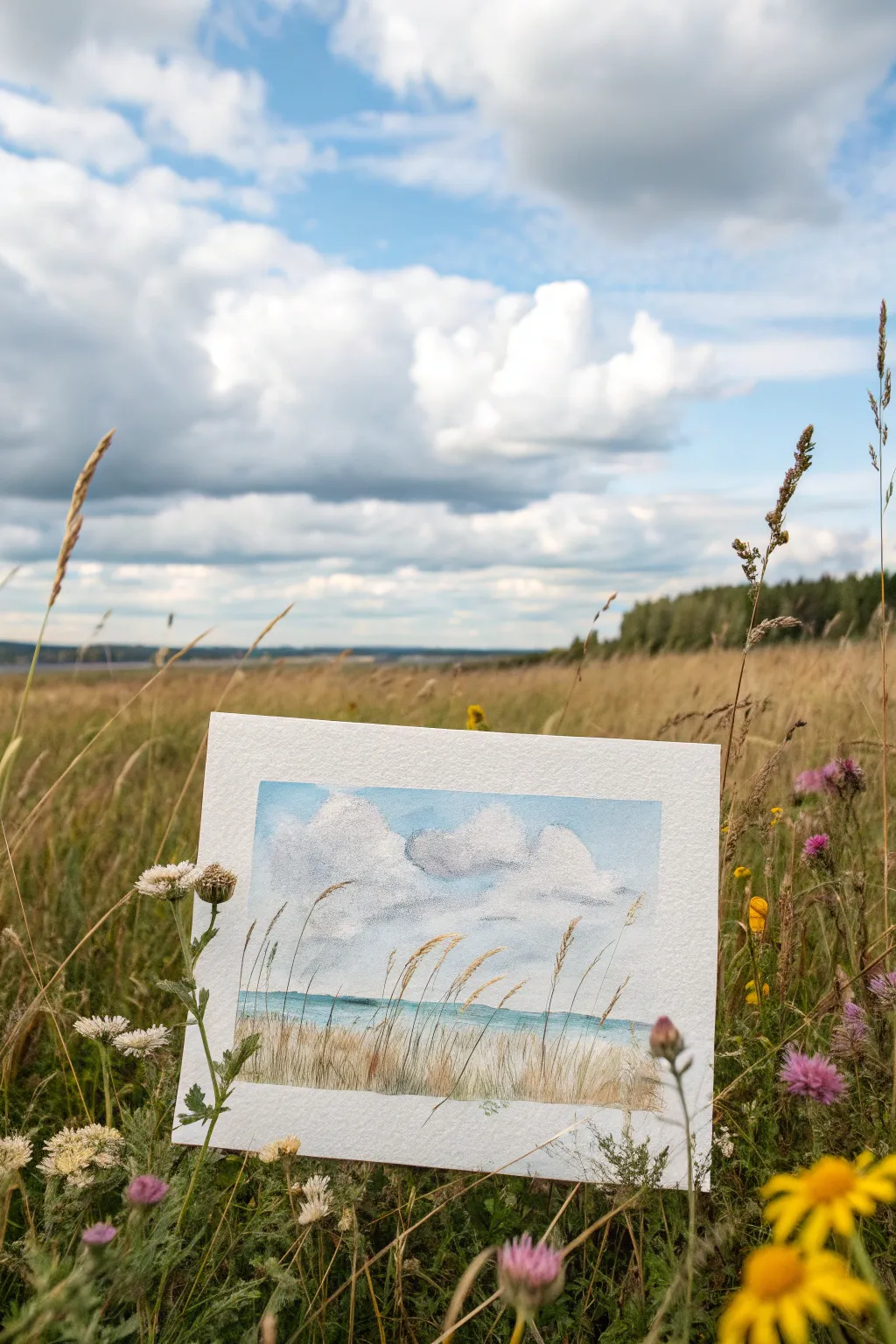 Big-sky meadow watercolor: soft clouds, calm horizon, and a wildflower band in bloom