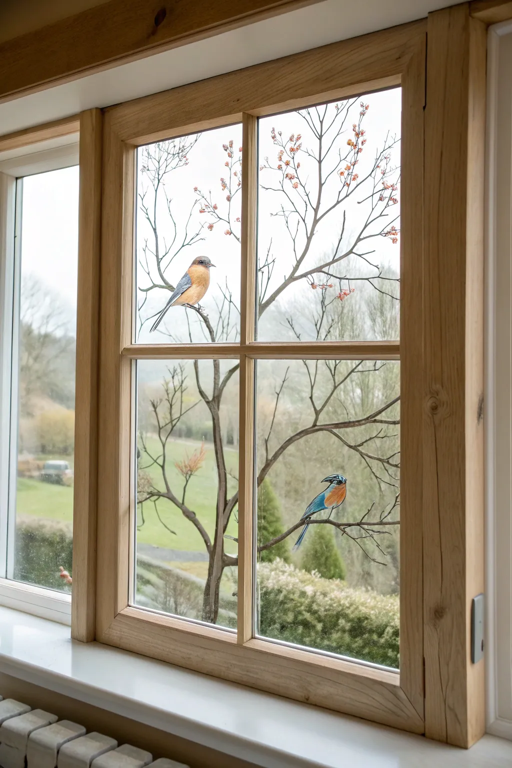 Translucent songbirds on glass branches, perfectly aligned with the trees beyond the window.