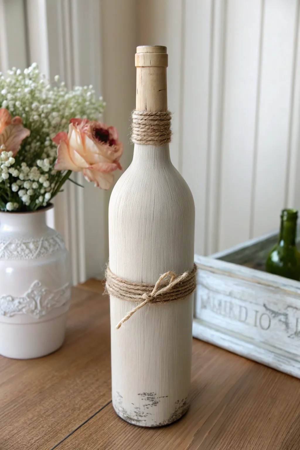 Matte chalky farmhouse wine bottle DIY with twine and gentle distressing for rustic charm.