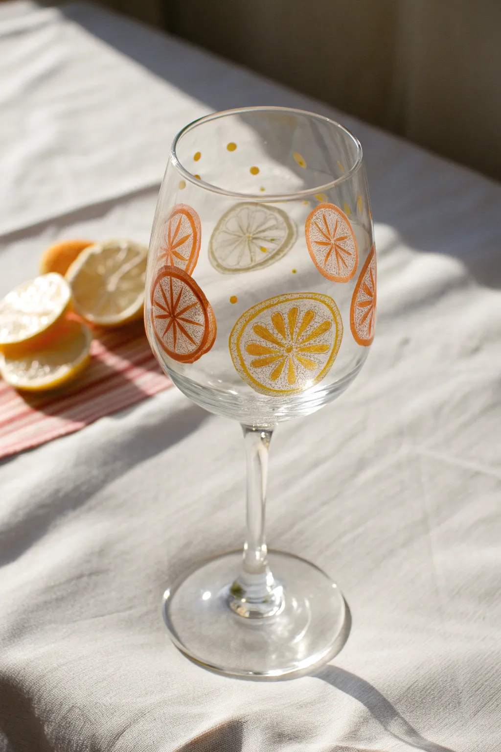 Fresh, easy citrus slice wine glass painting with bright sunlight and minimalist boho styling