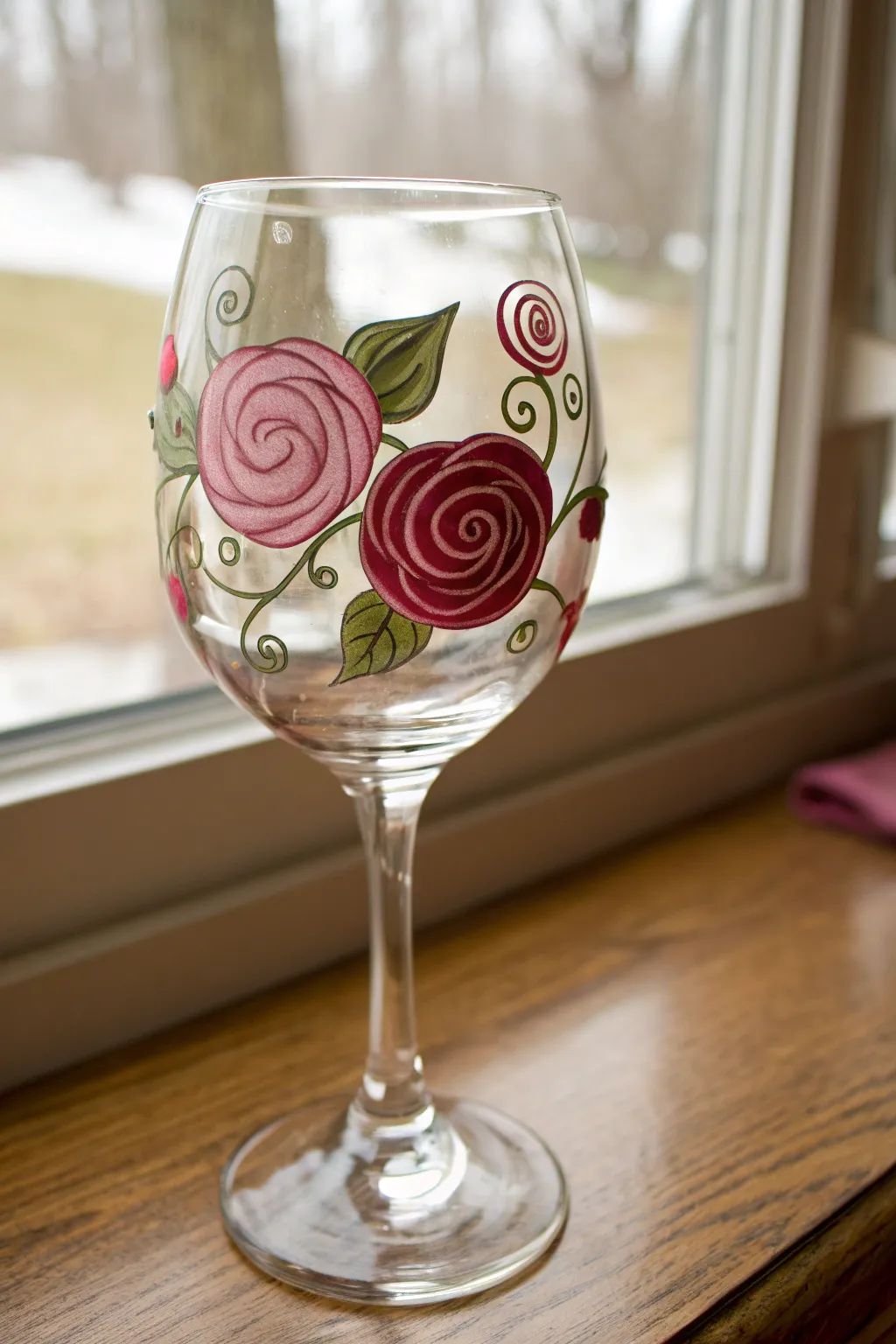 Romantic rose swirls on a clear wine glass, layered petals and deep leaves in minimalist style