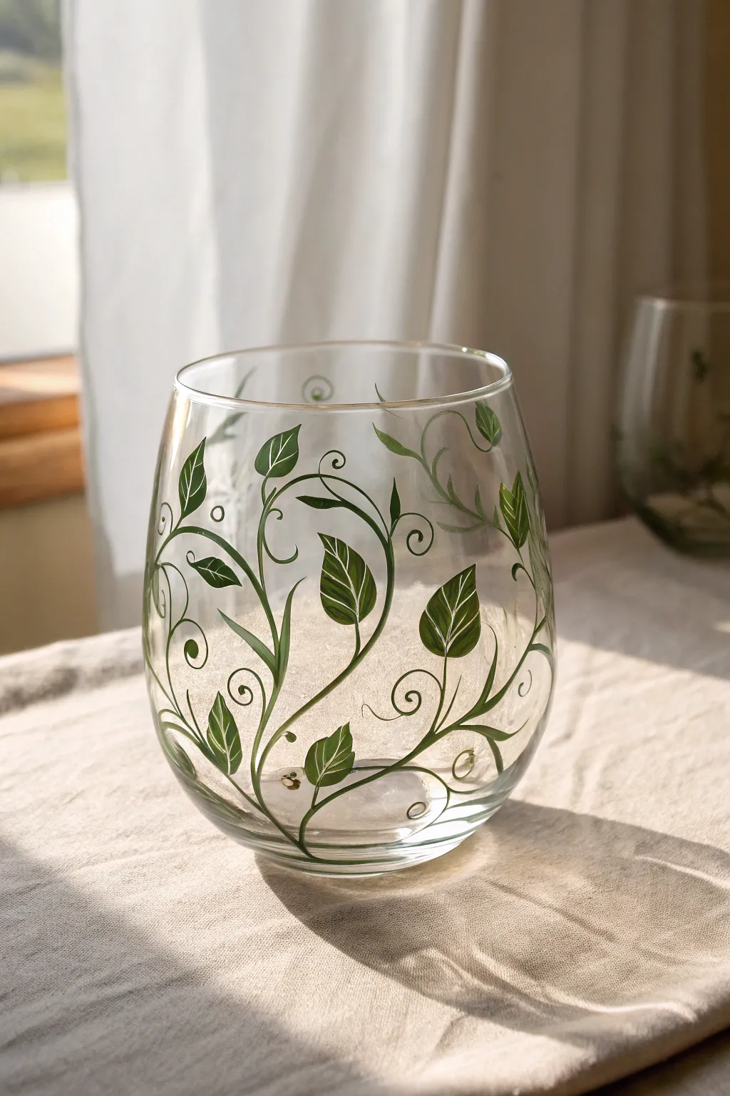 Beginner-friendly leafy vine wrap wine glass painting idea: delicate greens with tiny buds