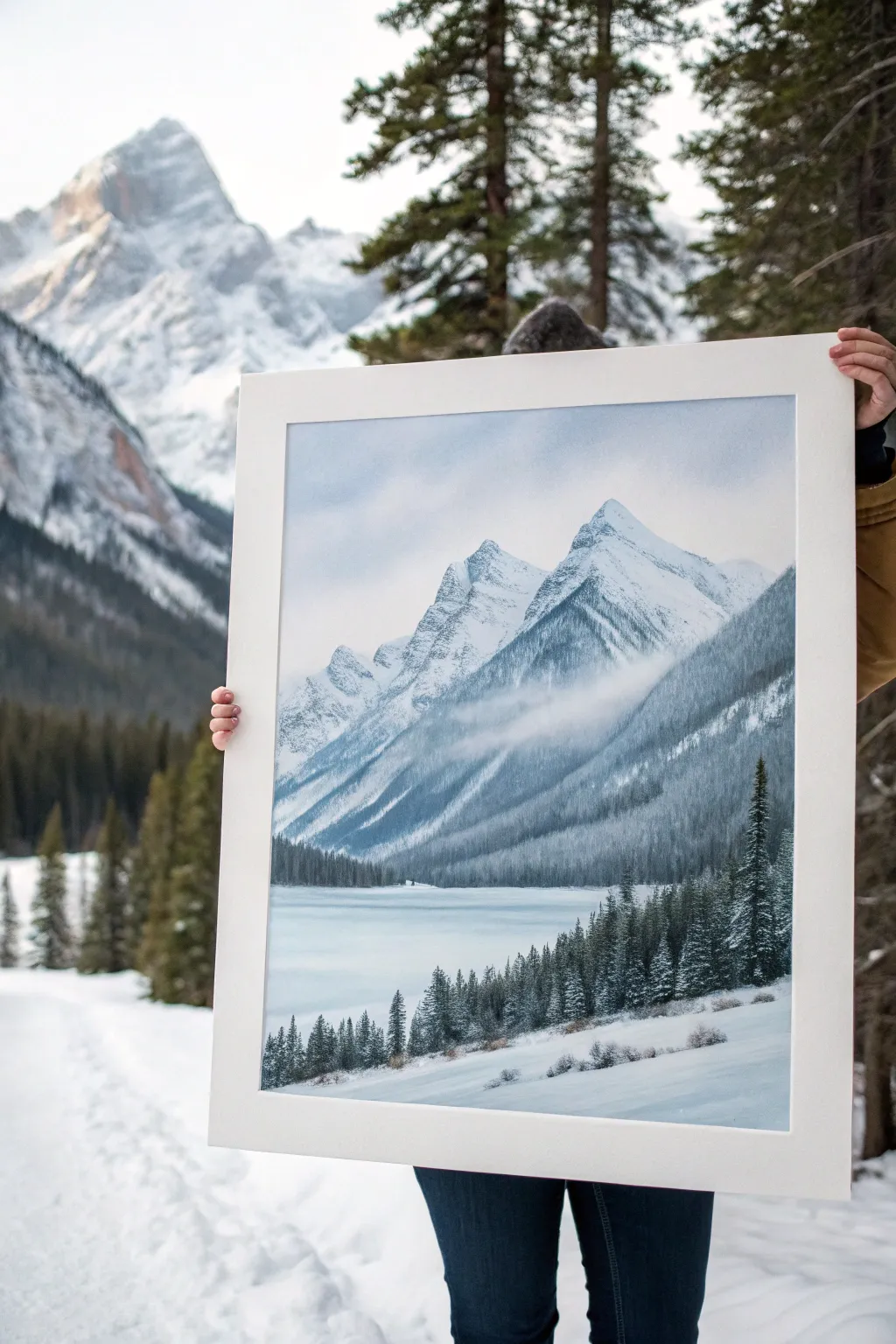Minimal winter mountains in watercolor with misty fade and crisp snowy peaks, calming and clean