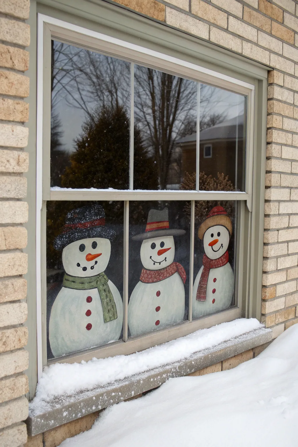 Cozy snowman family window portrait, minimalist winter charm with hand-painted detail