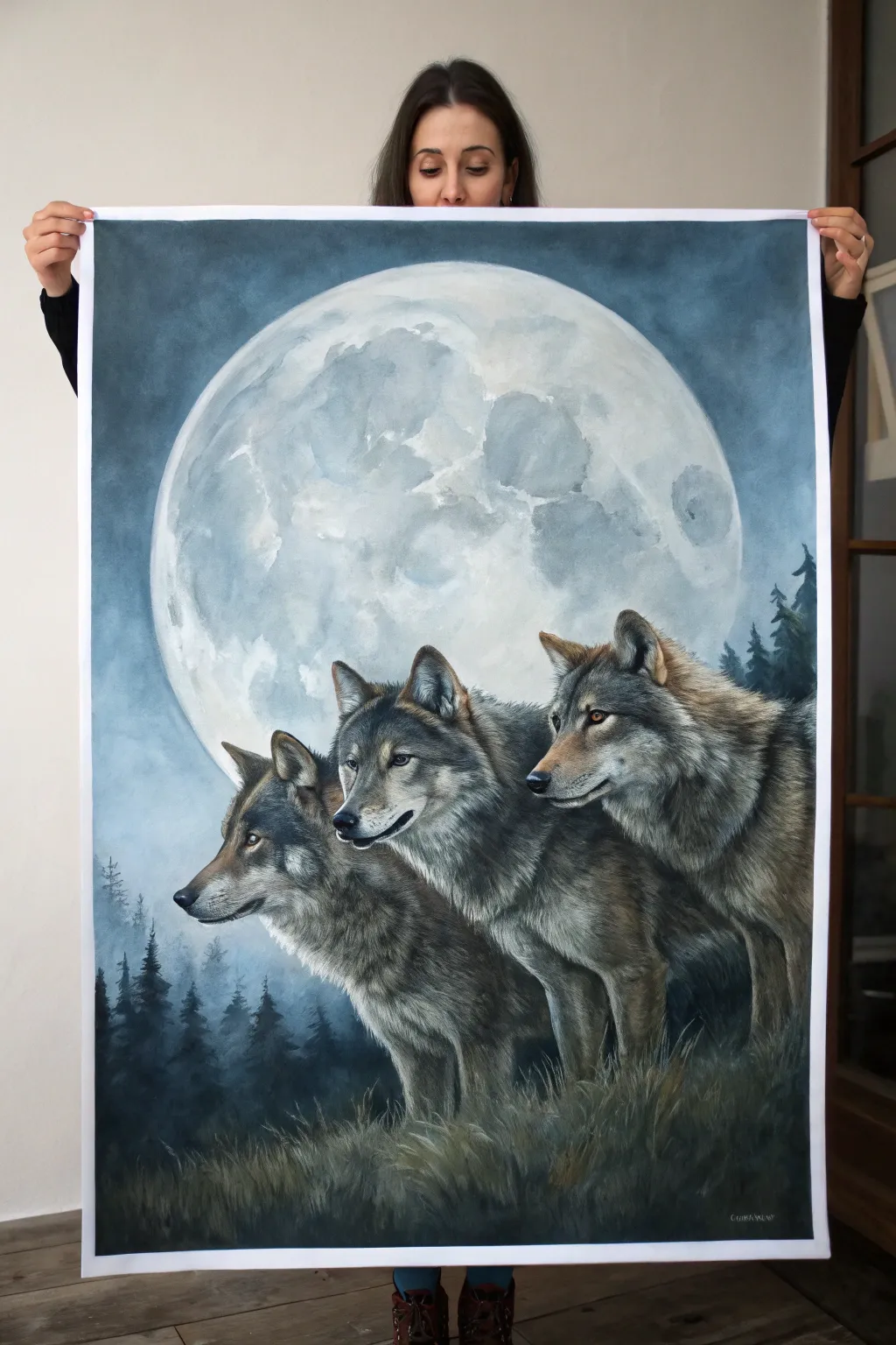 Moonlit wolf pack artwork with misty depth, minimalist Nordic tones and a soft boho glow
