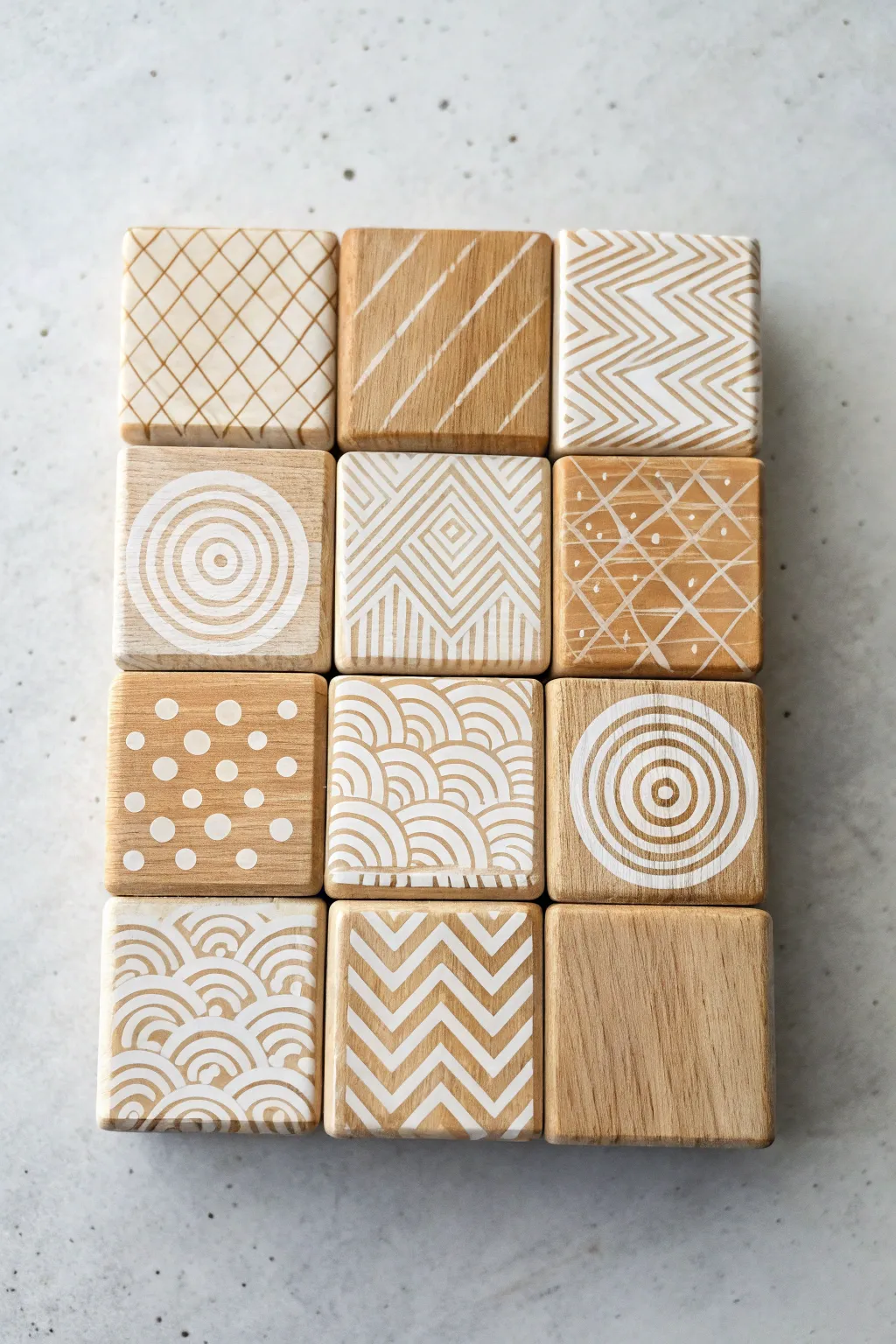 Playful abstract pattern sampler on hand-painted wood blocks in soft Scandinavian boho tones