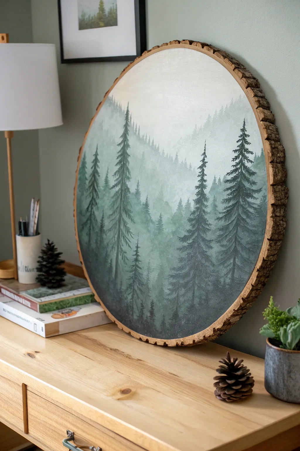 Misty pine layers on a wood circle, a calm mini art display with cozy Nordic-boho vibes.