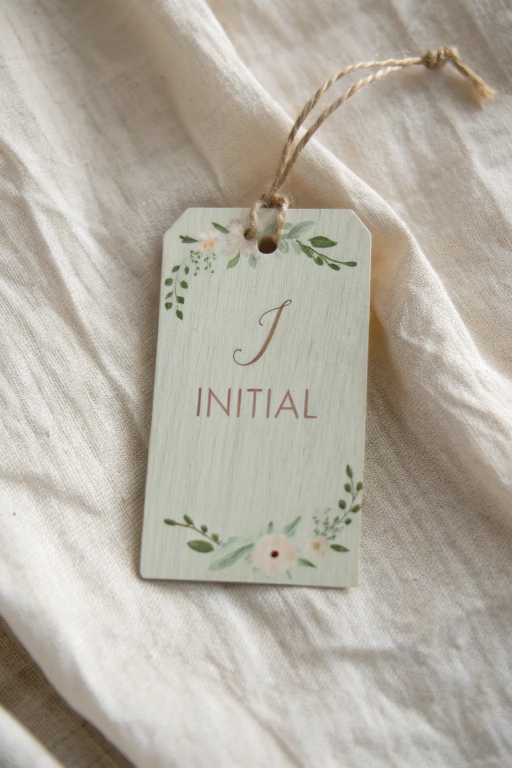 Minimalist boho monogram wood tag with twine and tiny florals, simple handmade painting idea