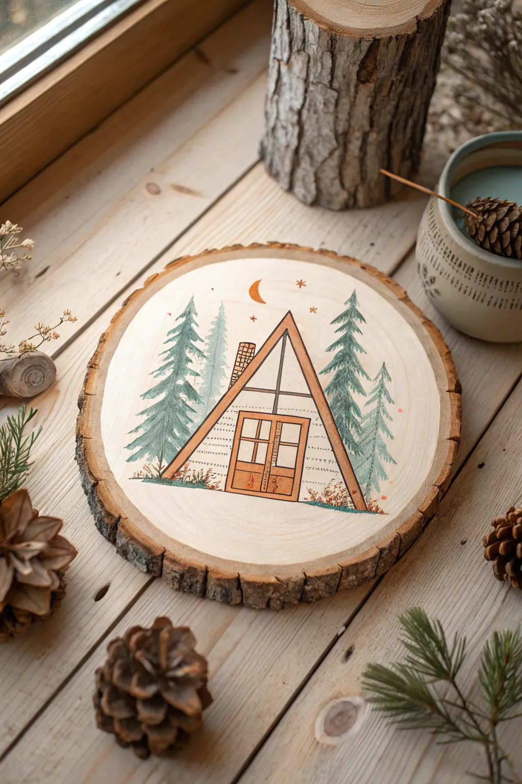 Cozy cabin window sketch on a wood slice, minimalist Scandi boho vibes and warm contrast.