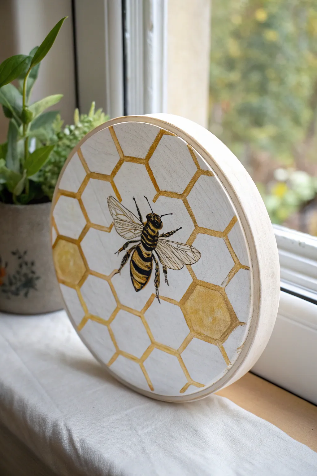 Golden bee and honeycomb mini painting on a wood round, minimalist boho style with wood grain glow.