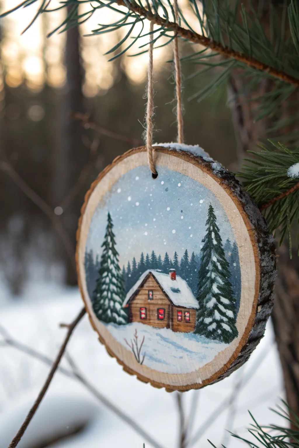 Cozy snowy cabin painted on a wood slice ornament, minimal winter charm for your DIY décor