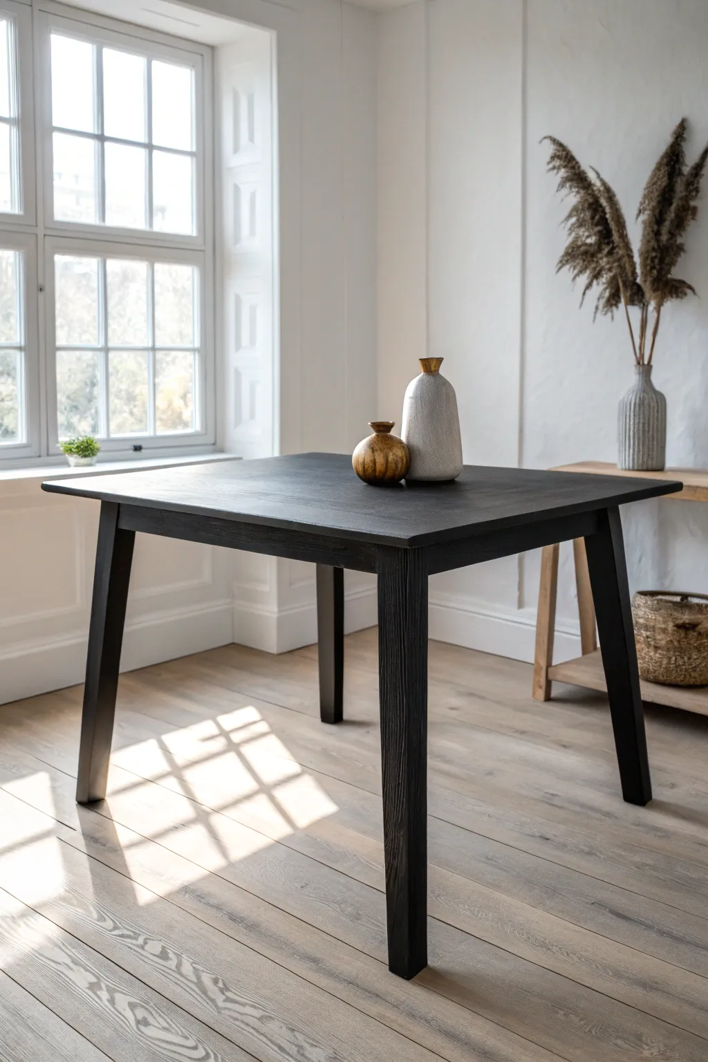 Deep charcoal table paint creates a bold, high-contrast focal point in a light room