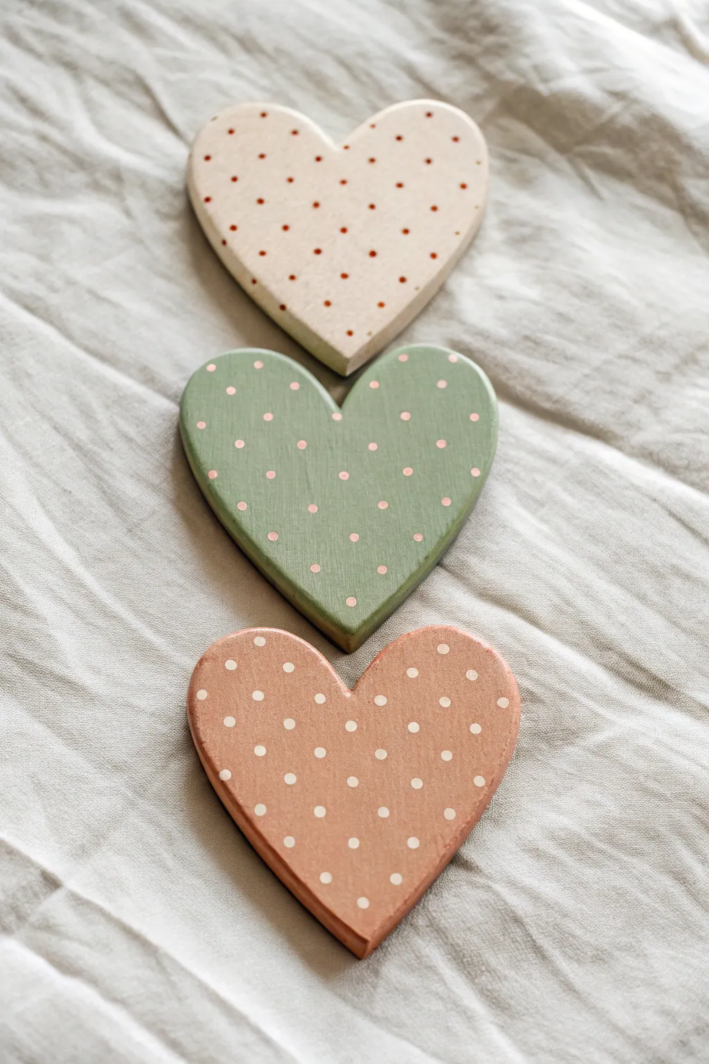 Retro polka dot wooden hearts in blush, sage, and terracotta with hand-dotted texture