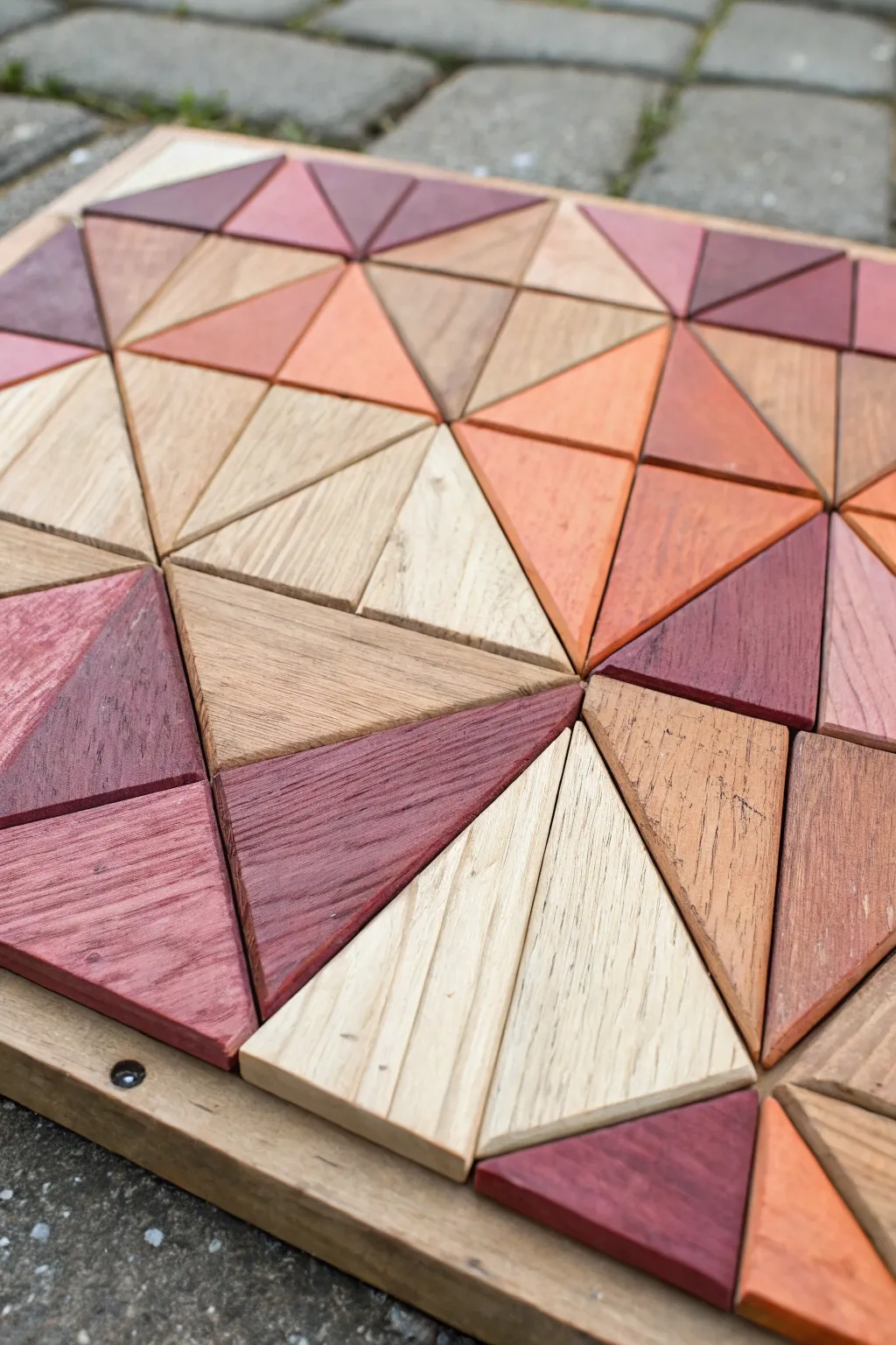 Sunset-toned geometric pallet mosaic with raw wood accents, minimalist Scandinavian styling