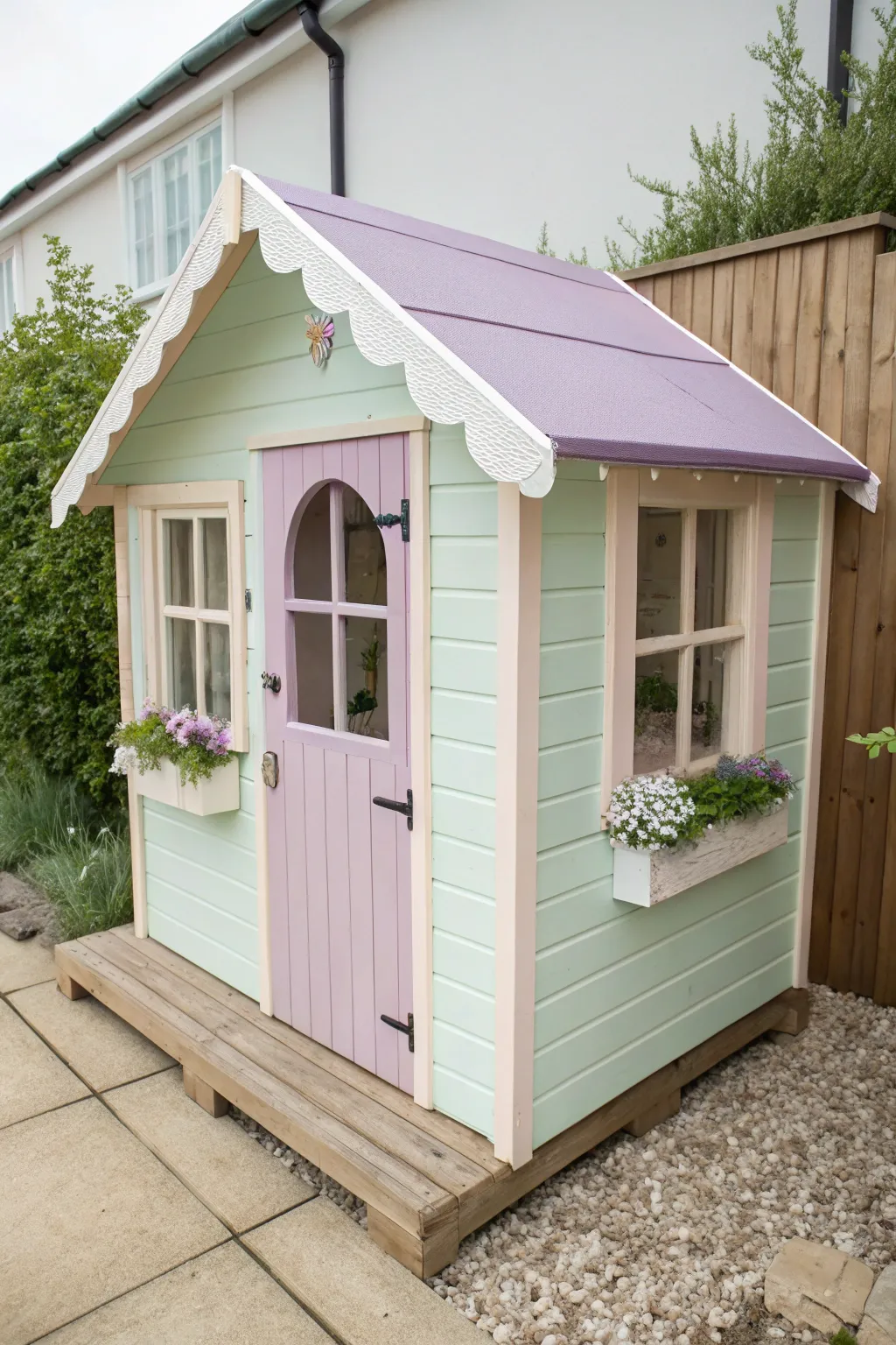 Pastel cottage playhouse in mint, blush, and lavender with creamy trim and a tiny flower box