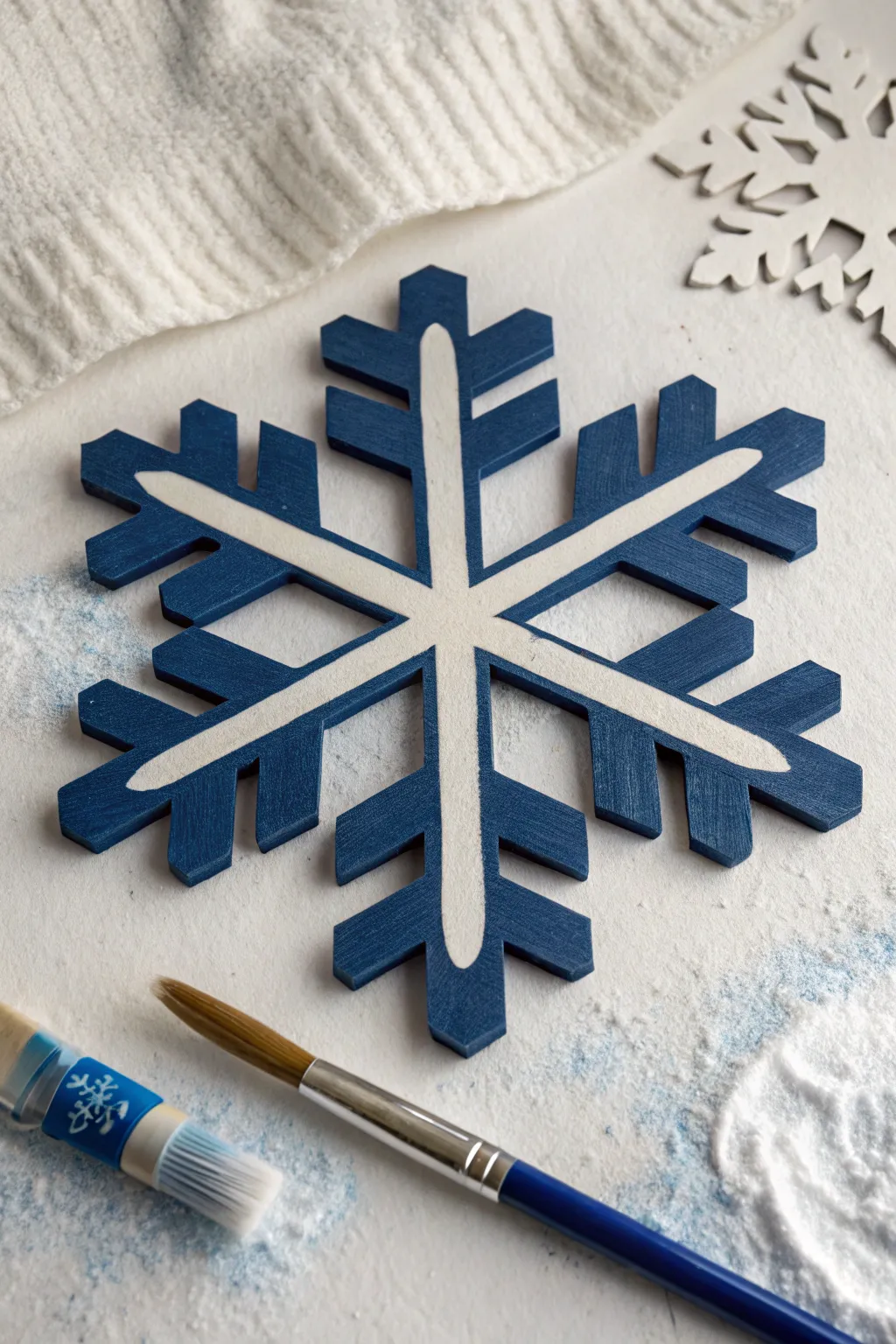 Deep blue to snowy white ombre wooden snowflake for calm, minimalist winter decor.