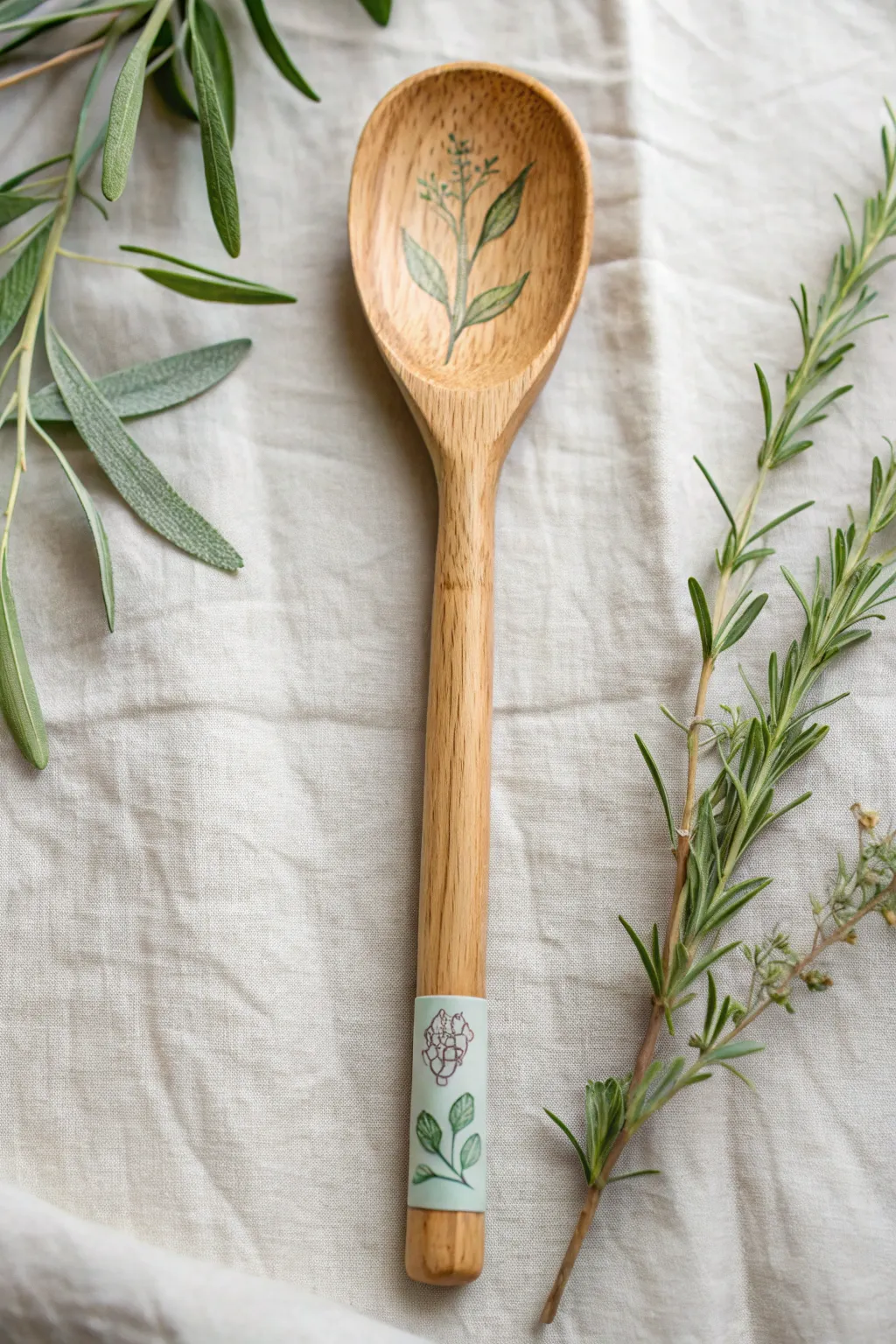 Minimalist wooden spoon with painted botanical sprig, styled with fresh herbs and linen.