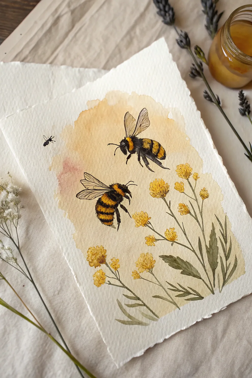 Yellow painting idea: bumblebees around wildflower sprigs in warm gold with bold black stripes.