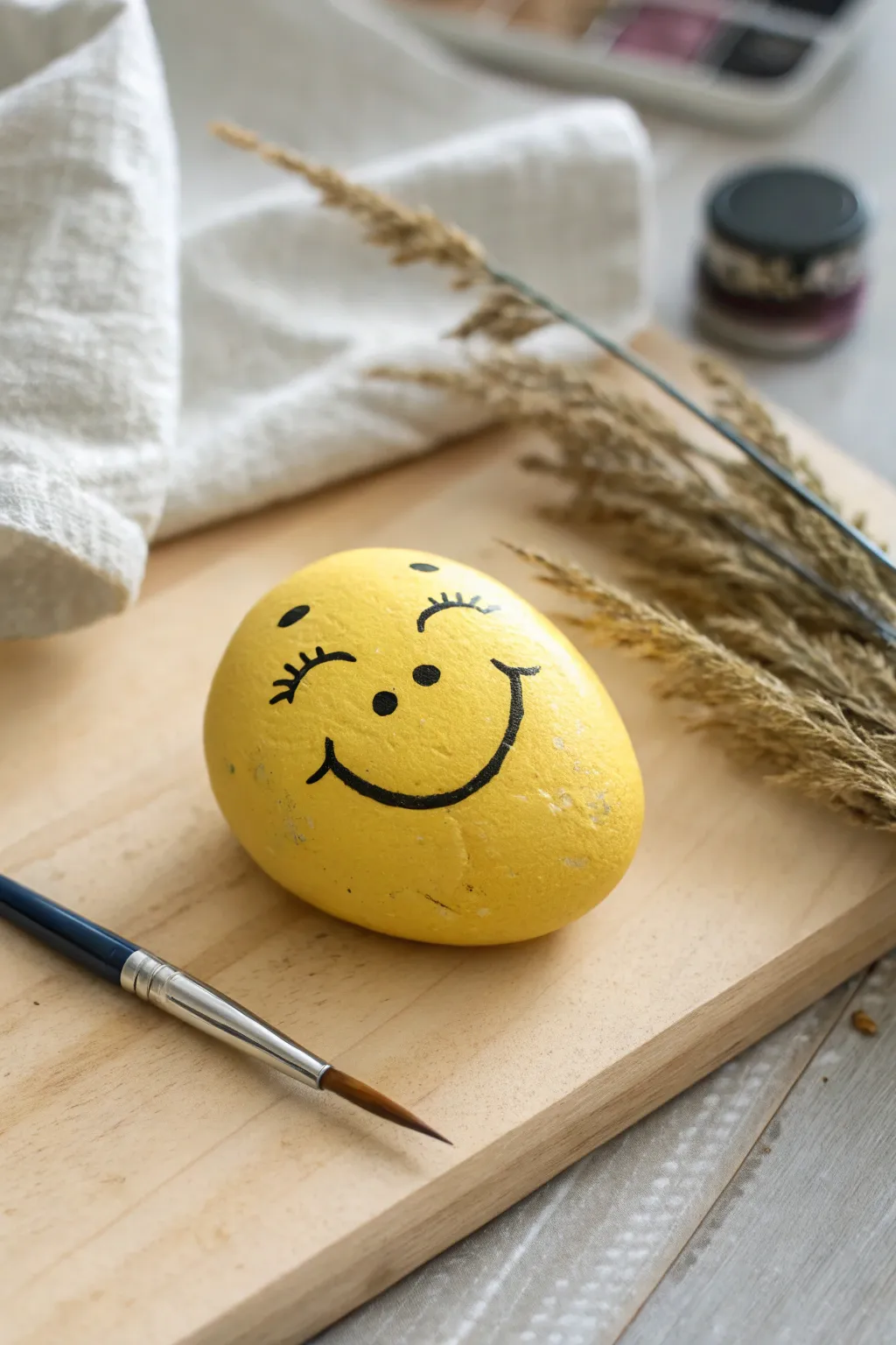 Easy winky face yellow rock idea with simple lines, perfect for minimalist boho craft vibes.
