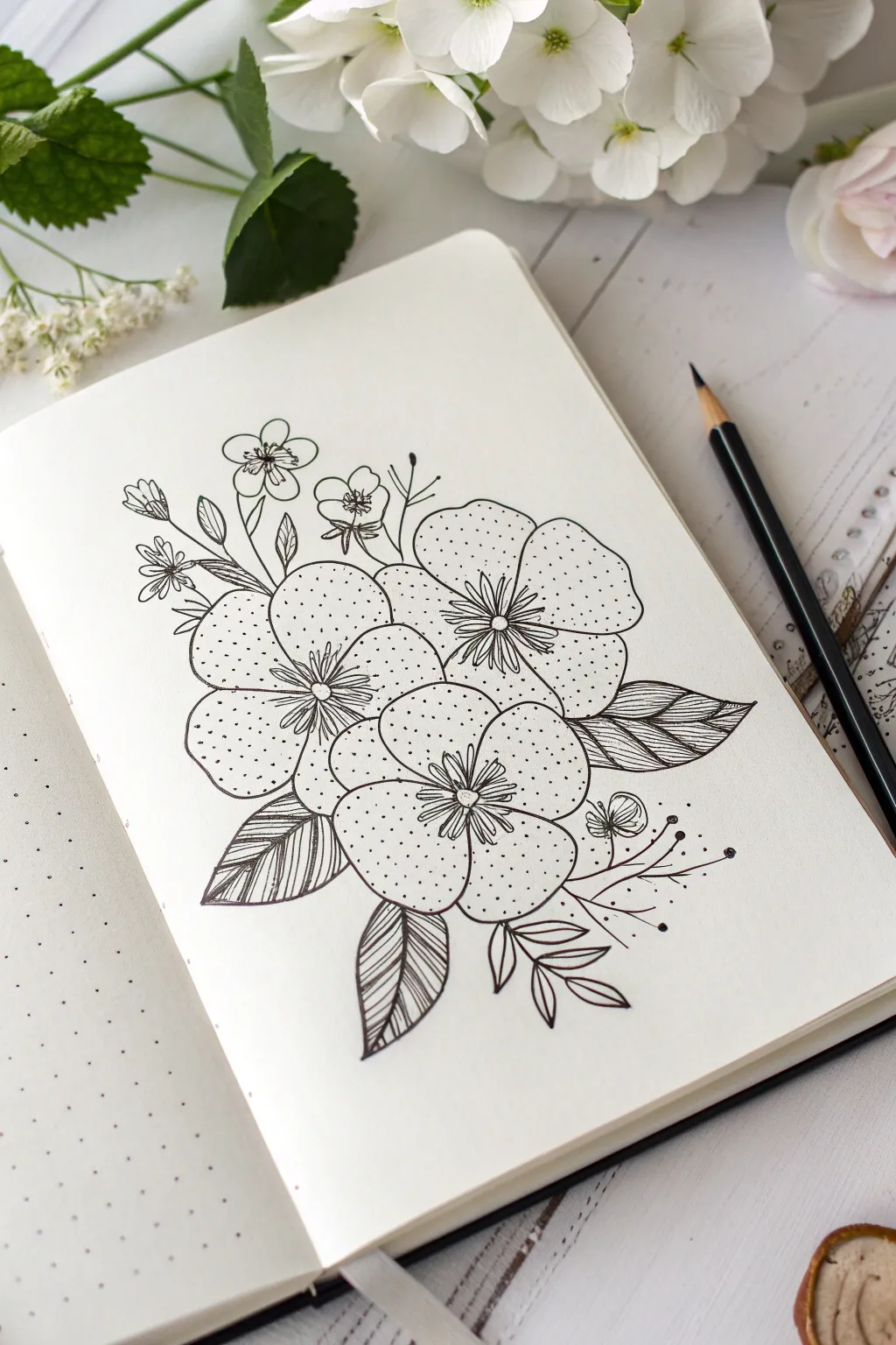 Layered petal zen doodle flowers with soothing repeat strokes and delicate line textures