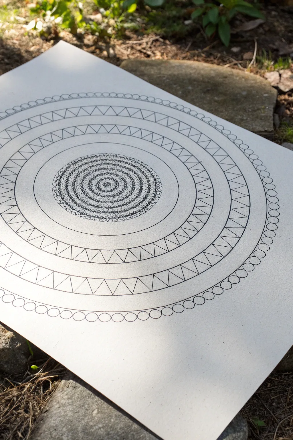 Ring-by-ring Zentangle circle in crisp black ink, minimalist and high contrast on textured paper