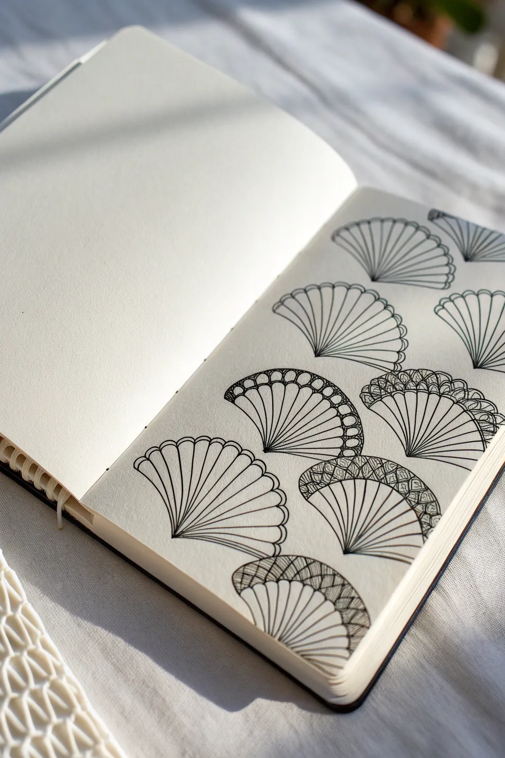 Stacked scallops and fan repeats with deep shaded bases for bold, calming Zentangle contrast.