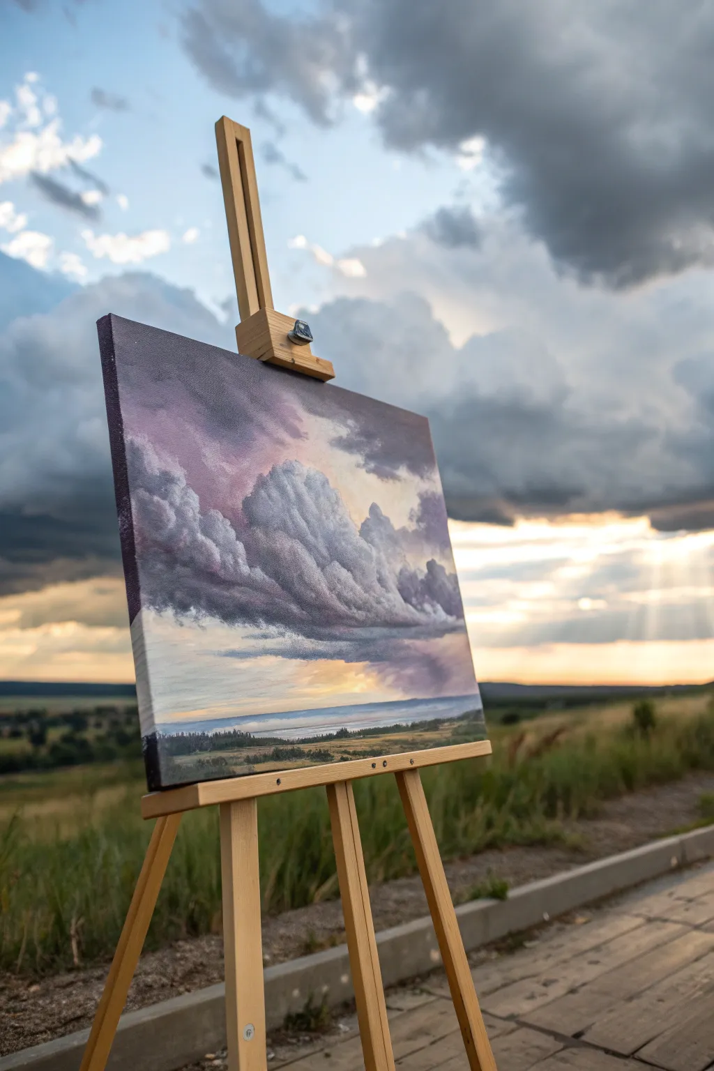 Moody cloudscape acrylic idea with soft lavender shadows and sunbeams after rain glow