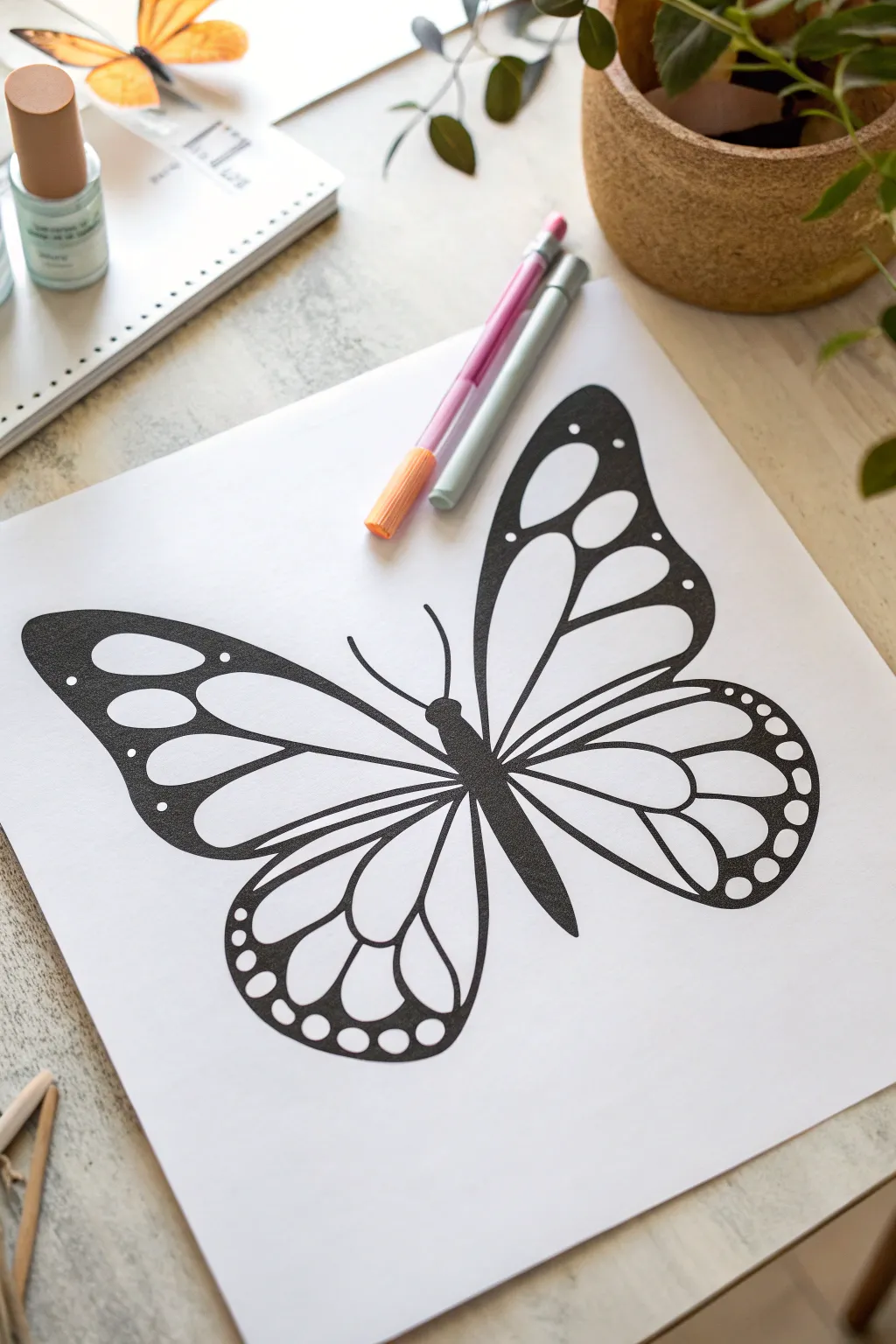 Symmetrical butterfly wing template with bold sections, made for easy random-color 3 marker results