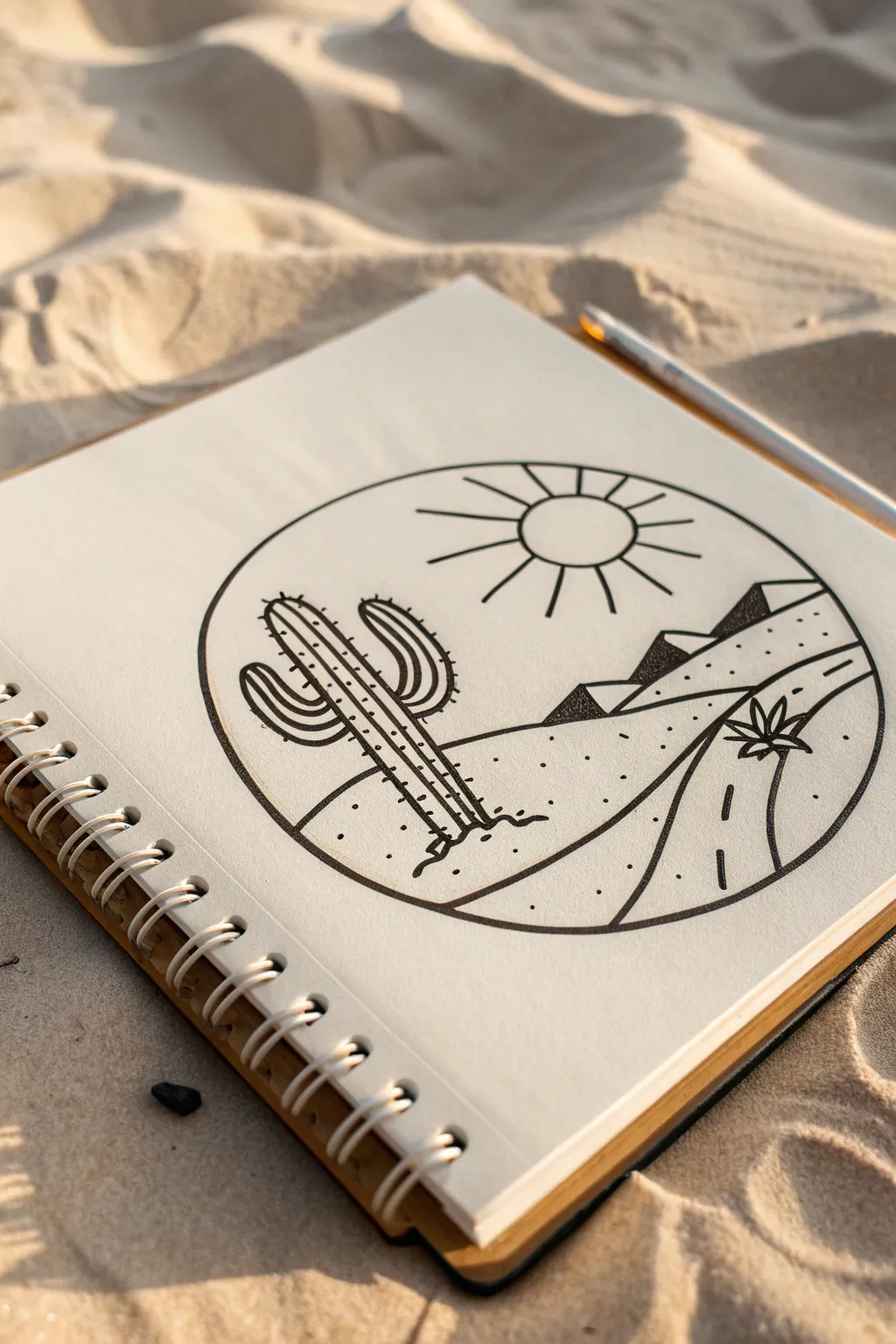 Easy desert circle doodle: chunky cactus on sandy curve with a bold sun, clean and minimal