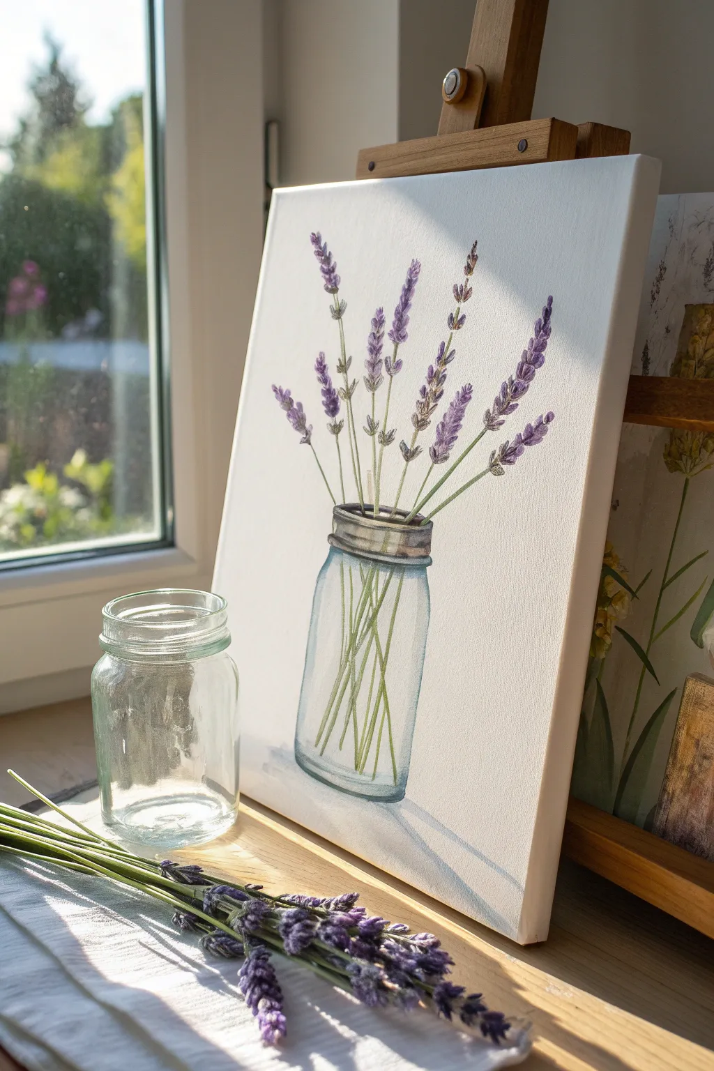 Lavender stems in a clear jar, an easy acrylic idea with airy minimalist Scandinavian style