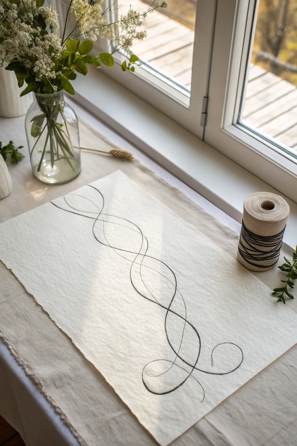 One-line ribbon loops with airy negative space, crisp black ink on warm paper, minimalist boho.