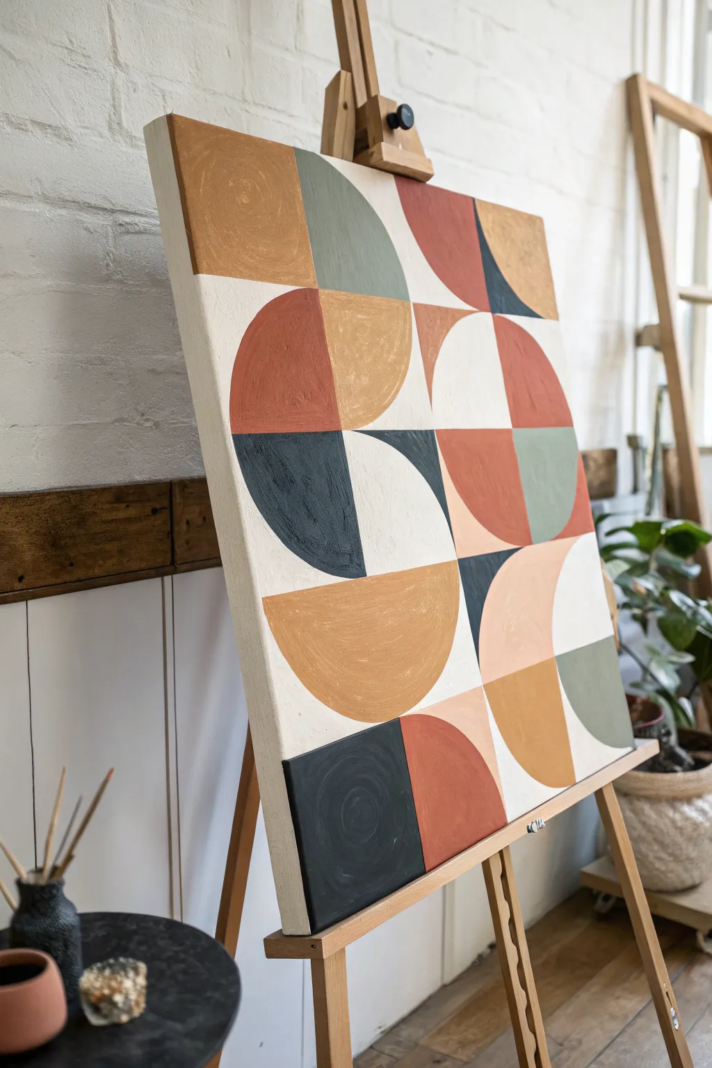 Crisp geometric block oil painting in warm neutrals with charcoal contrast and subtle texture.