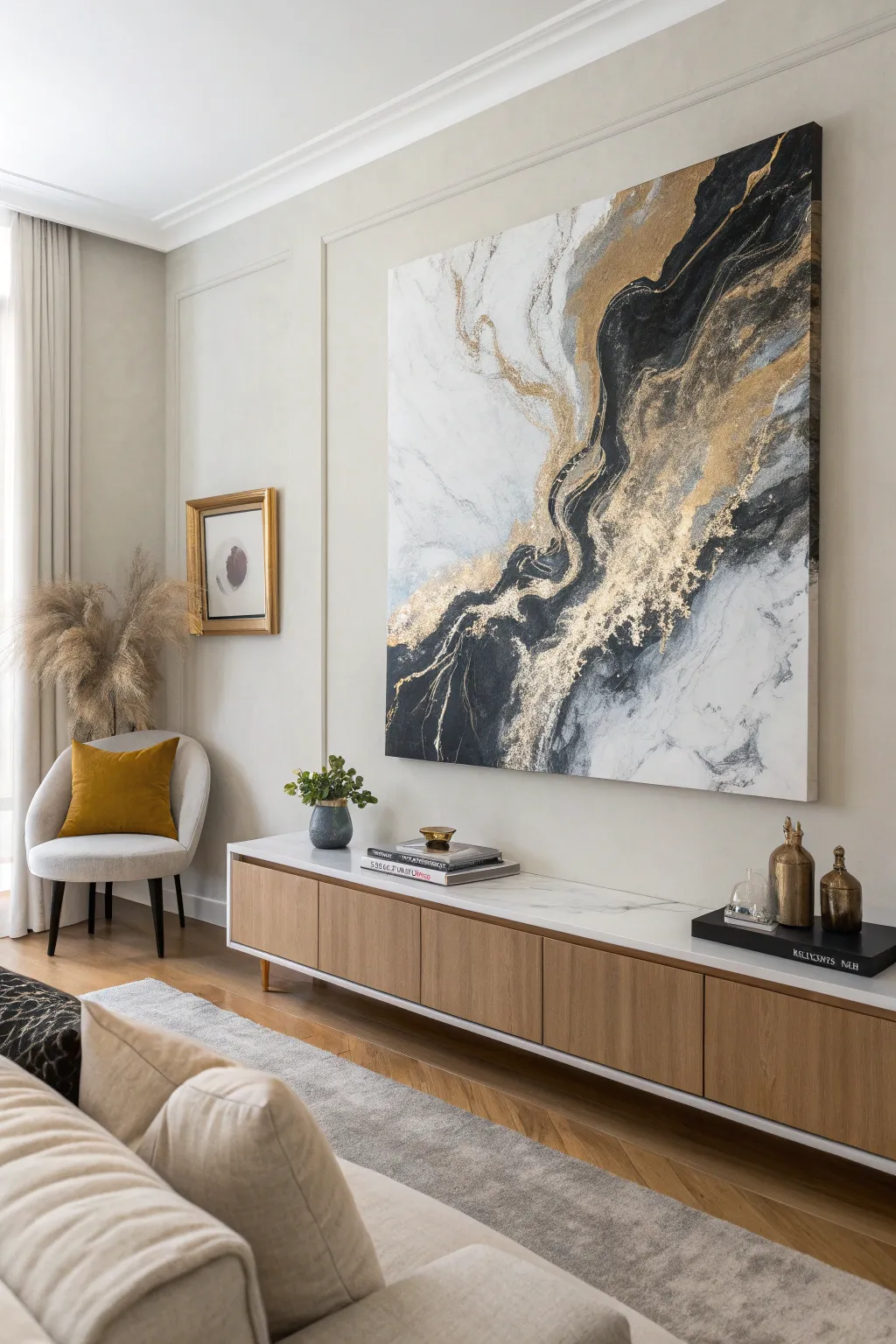Fluid marble swirls with gold accents, styled for a serene Scandinavian living room glow