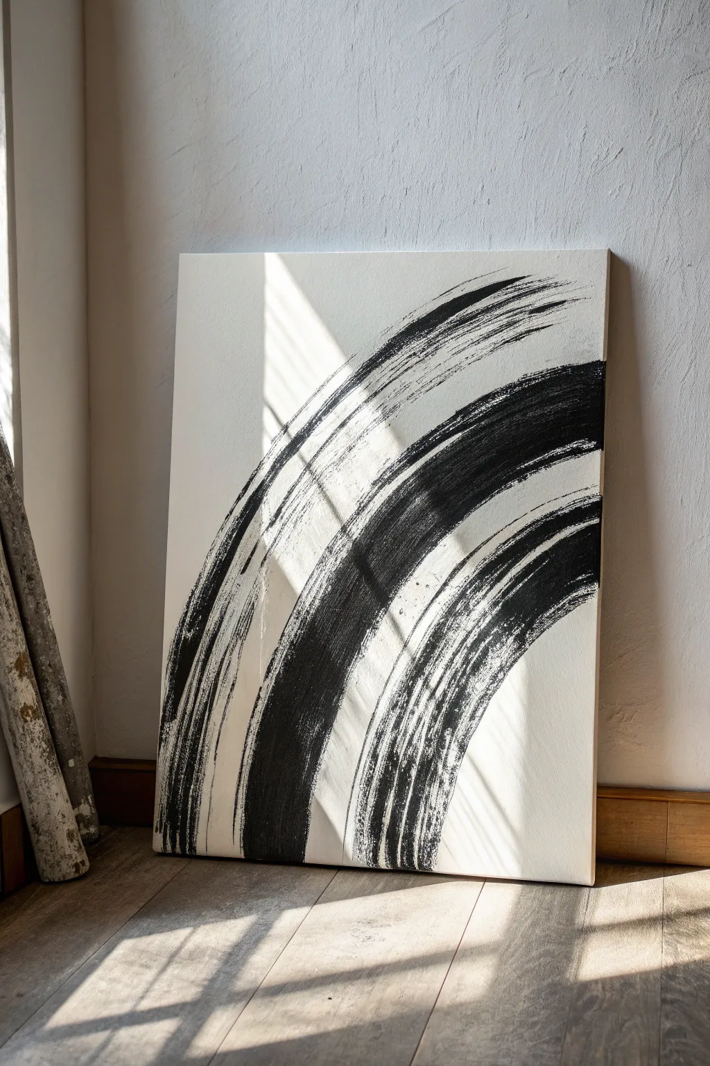 Bold black-and-white gesture painting with dramatic sweeps for a minimalist, modern wall moment