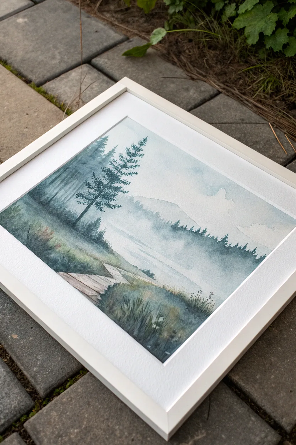 Misty treeline silhouettes in airy watercolor washes for calm, minimalist abstract painting