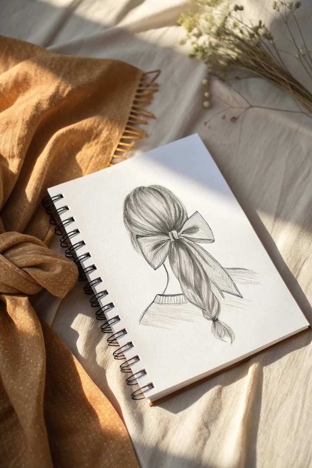 Scandinavian-minimal sketch of a bow ponytail, highlighting how hair accessories shape strands.