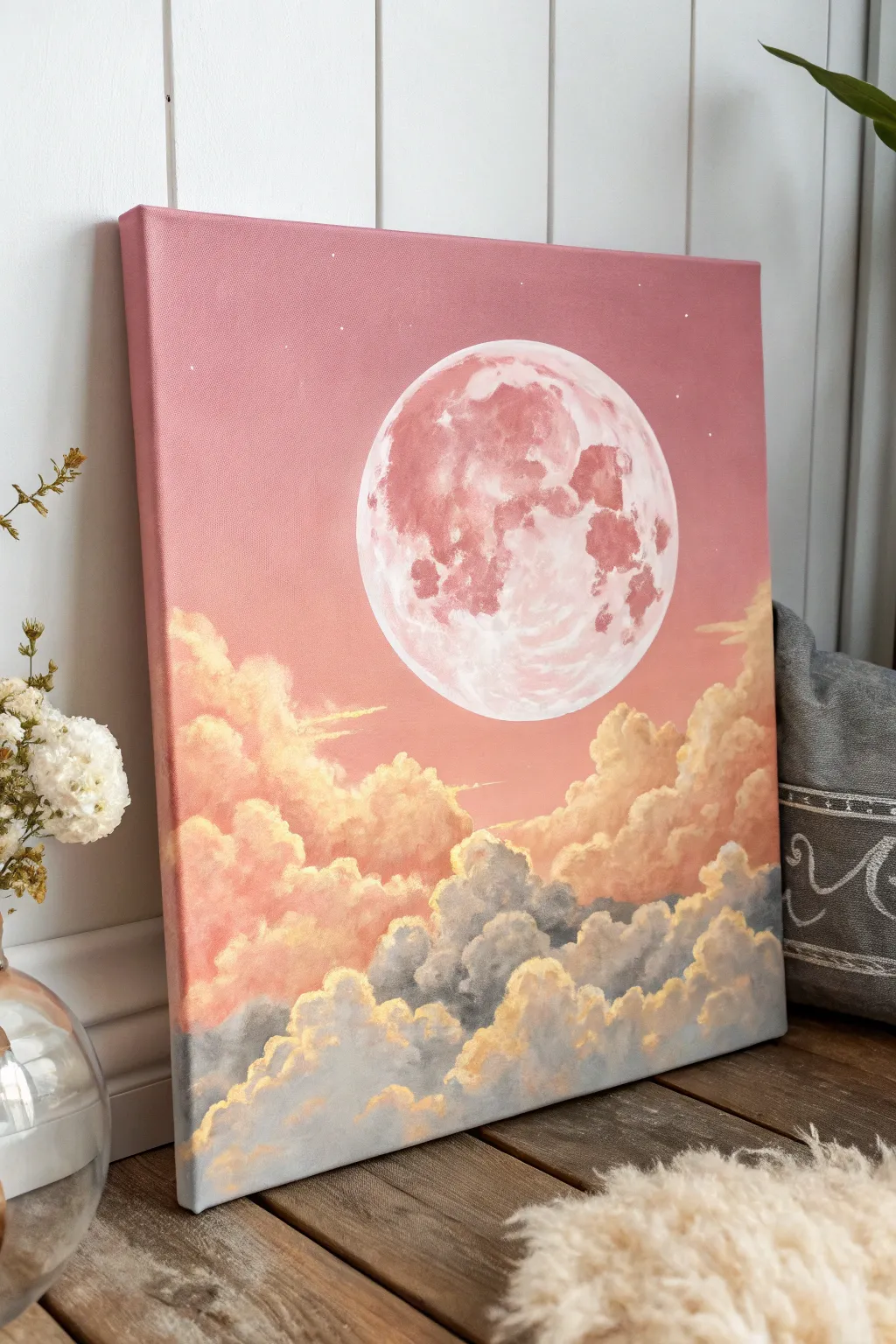 Dreamy acrylic moonlight over blush clouds, a minimalist boho canvas idea with soft glow.