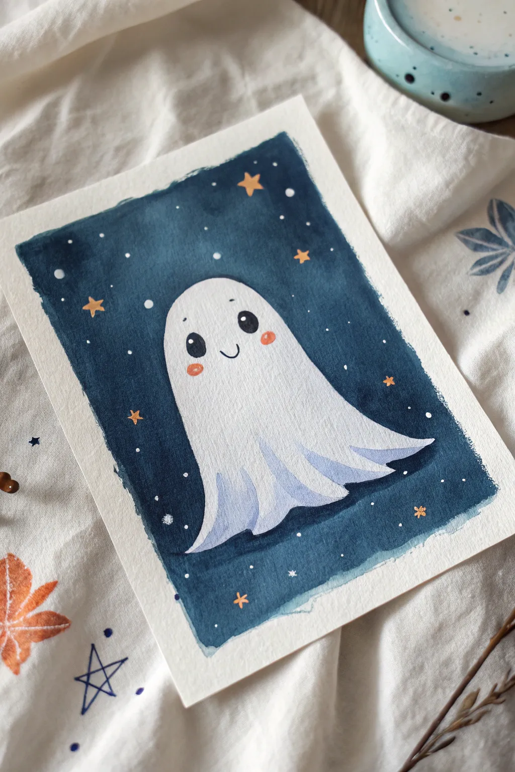 Paint a sweet floating ghost with soft blue shadows and tiny stars on a minimal night sky