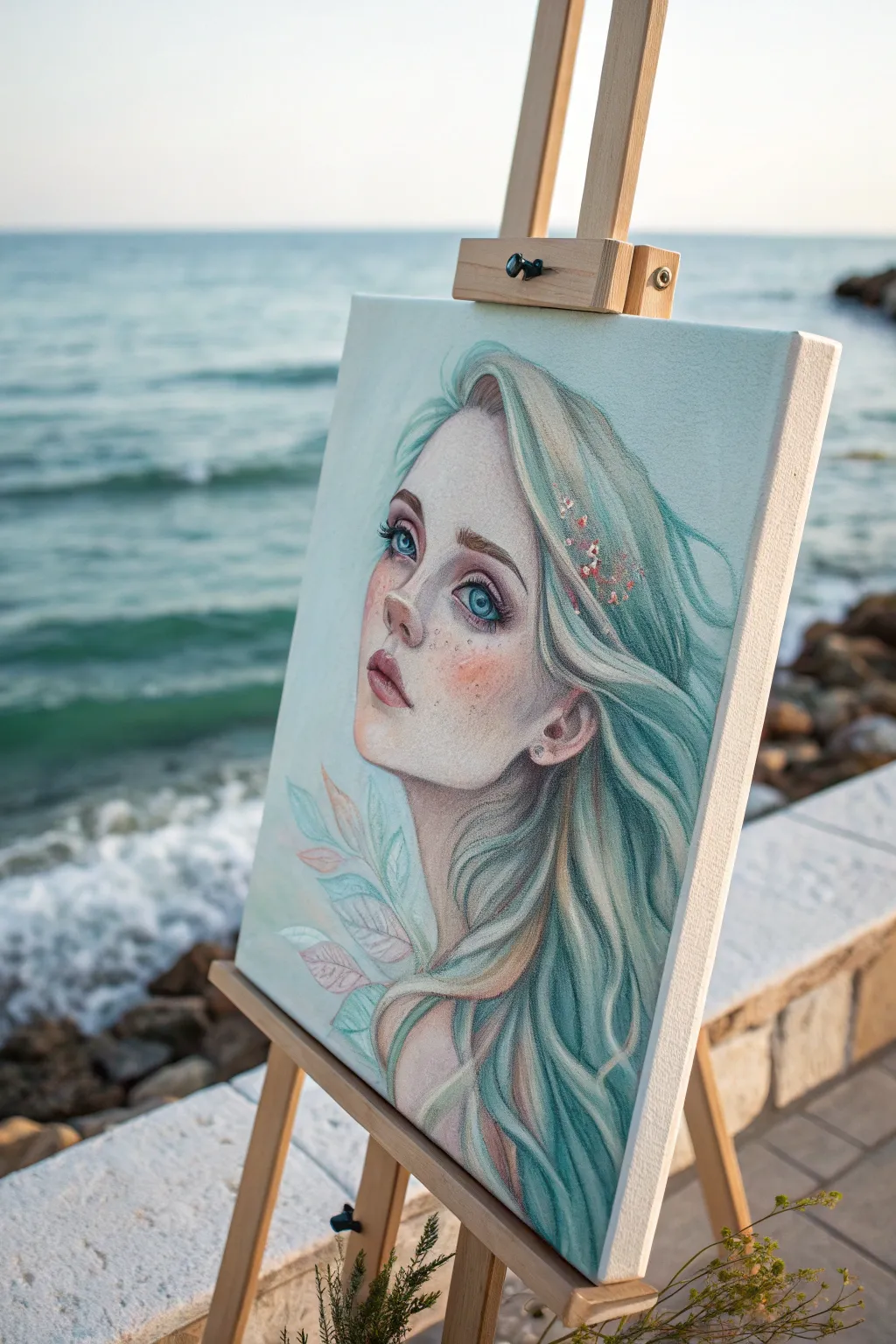 Acrylic mermaid portrait with soft features, sea-toned glow, and subtle scales for a calm vibe