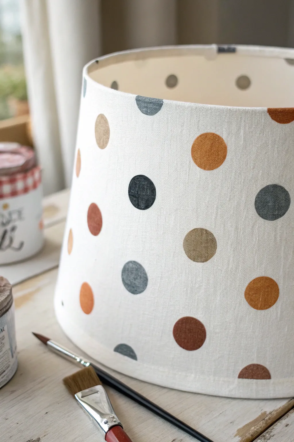 Classic mixed-size polka dots on a white lampshade, soft neutrals and charming handmade edges