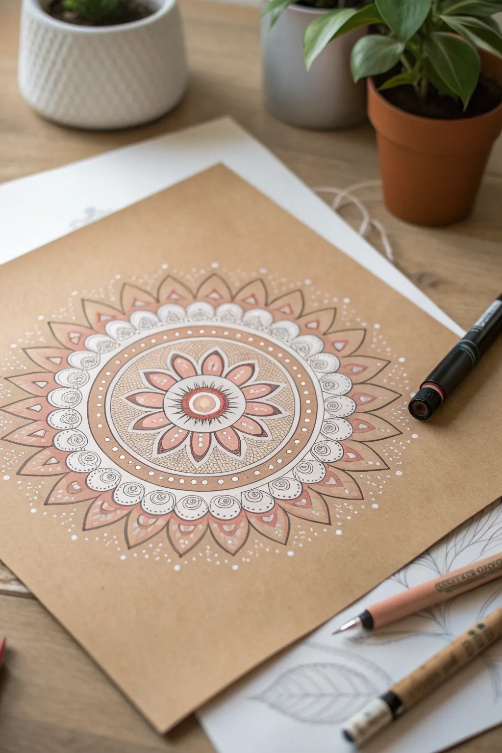 Fine-tip acrylic paint pen mandala on toned paper, tiny dots and crisp symmetry with soft boho calm.